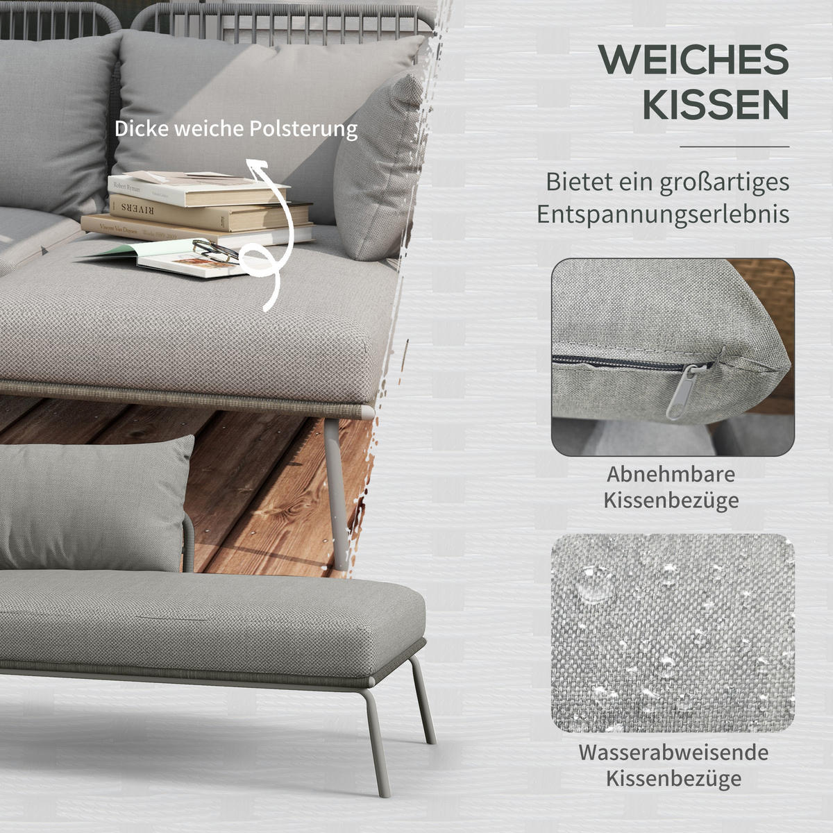 SITZGRUPPE mit Kissen, 3 tlg. Rattan Gartenmöbel-Set, Gartengarnitur, Hellgrau - Hellgrau, Kunststoff - Outsunny