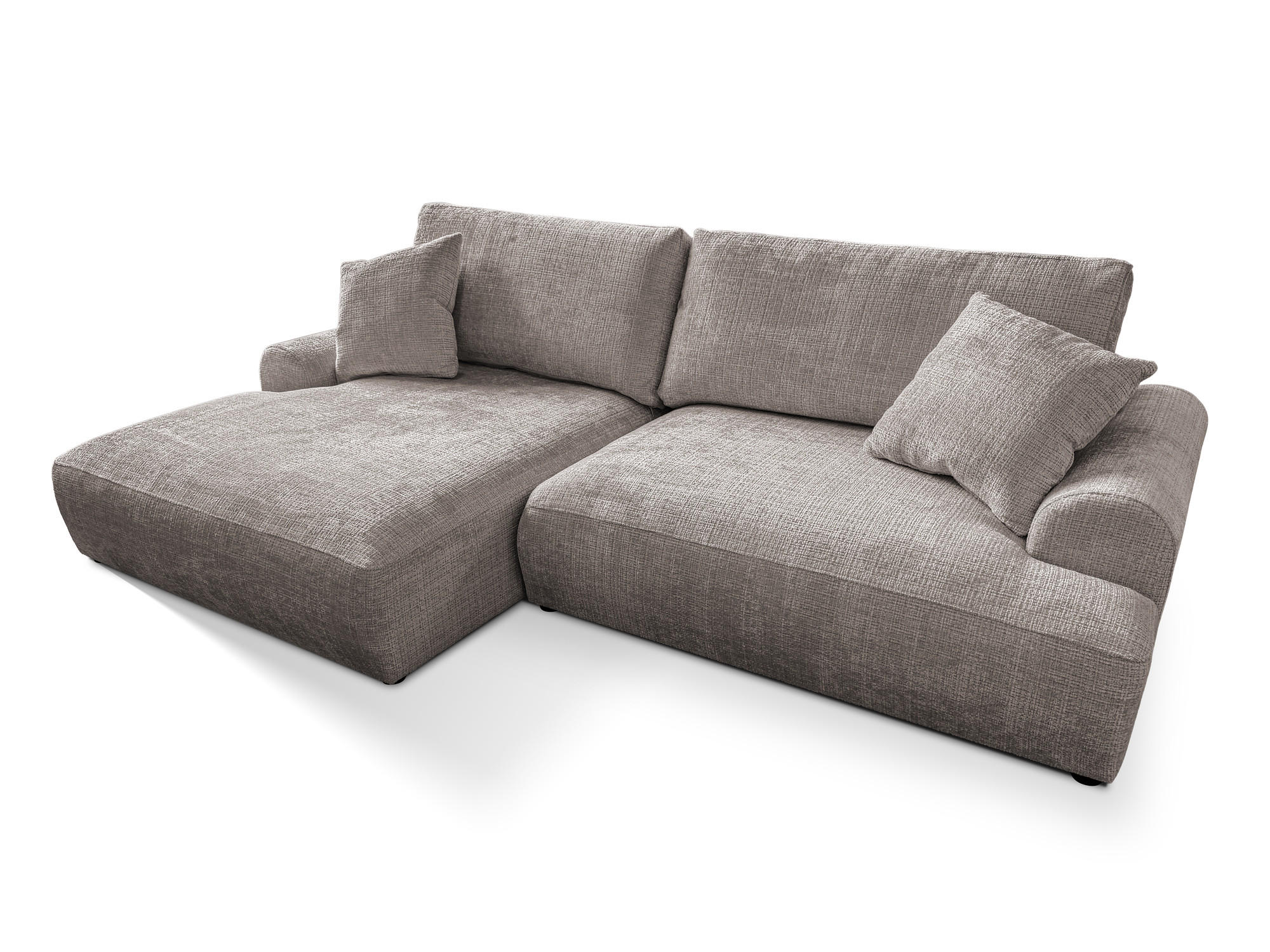 ECKSOFA Melvano mit Schlaffunktion und Bettkasten im Japandi-Stil aus weichem Taupe Chenille-Stoff - Taupe/Schwarz, Holz/Kunststoff (145/240cm) - S-Style