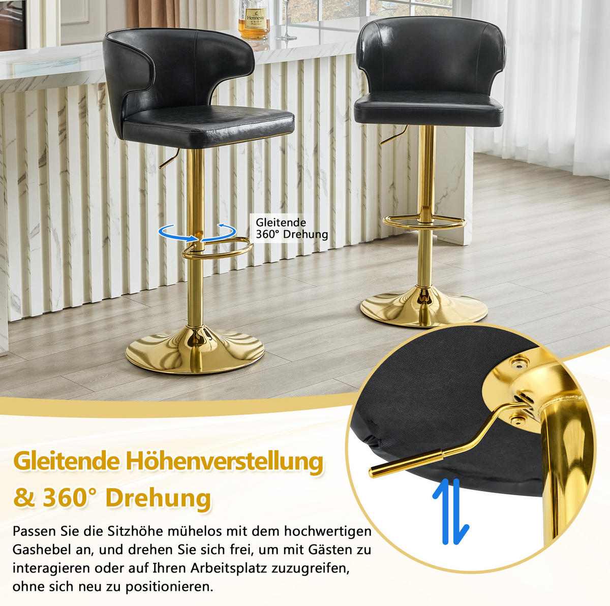 BARHOCKER mit Lehne, höhenverstellbar, 360° drehbar, Schwarz - Schwarz, Kunststoff (45/110/49.7cm) - MIVRAY