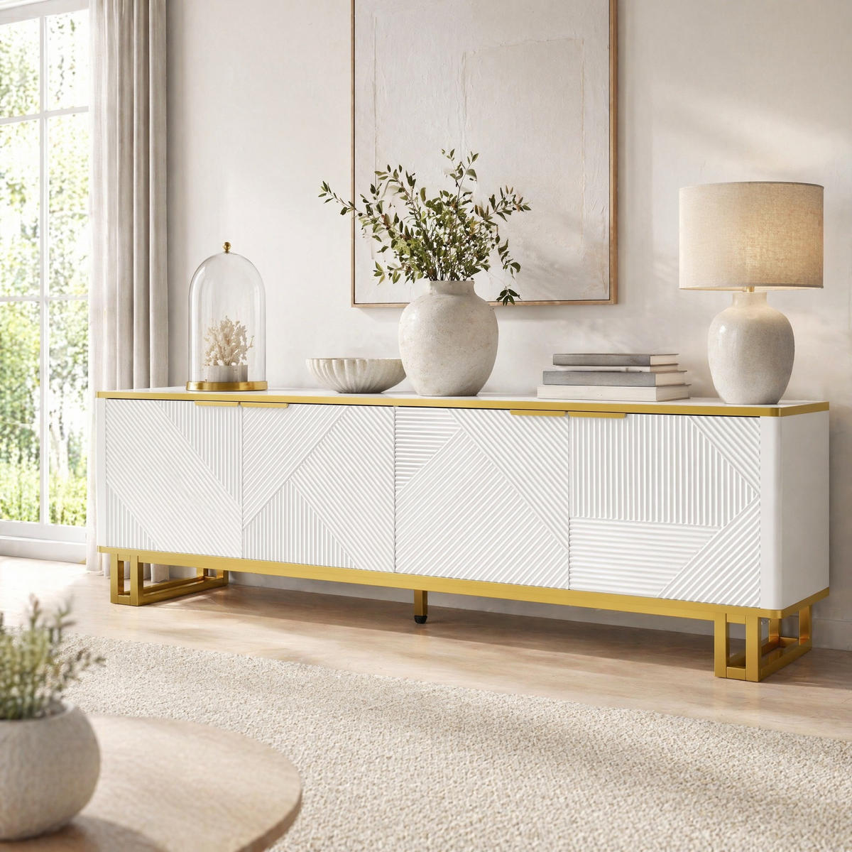 TV STOLEK bílý a zlatý, 4 dvířka, do obývacího pokoje, 160×37,5×48 cm - bílá/zlatá, kov/kompozitní dřevo (160/48/37.5cm) - STILVORA