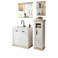 BADKOMBINATION Pinie weiß, Oslo Pinie, Landhaus Badmöbel Set 5-tlg. MIT Waschbecken 143 x 200 cm - Dunkelgrau/Weiß, Holzwerkstoff/Metall (143/200/46cm) - Furn.Design