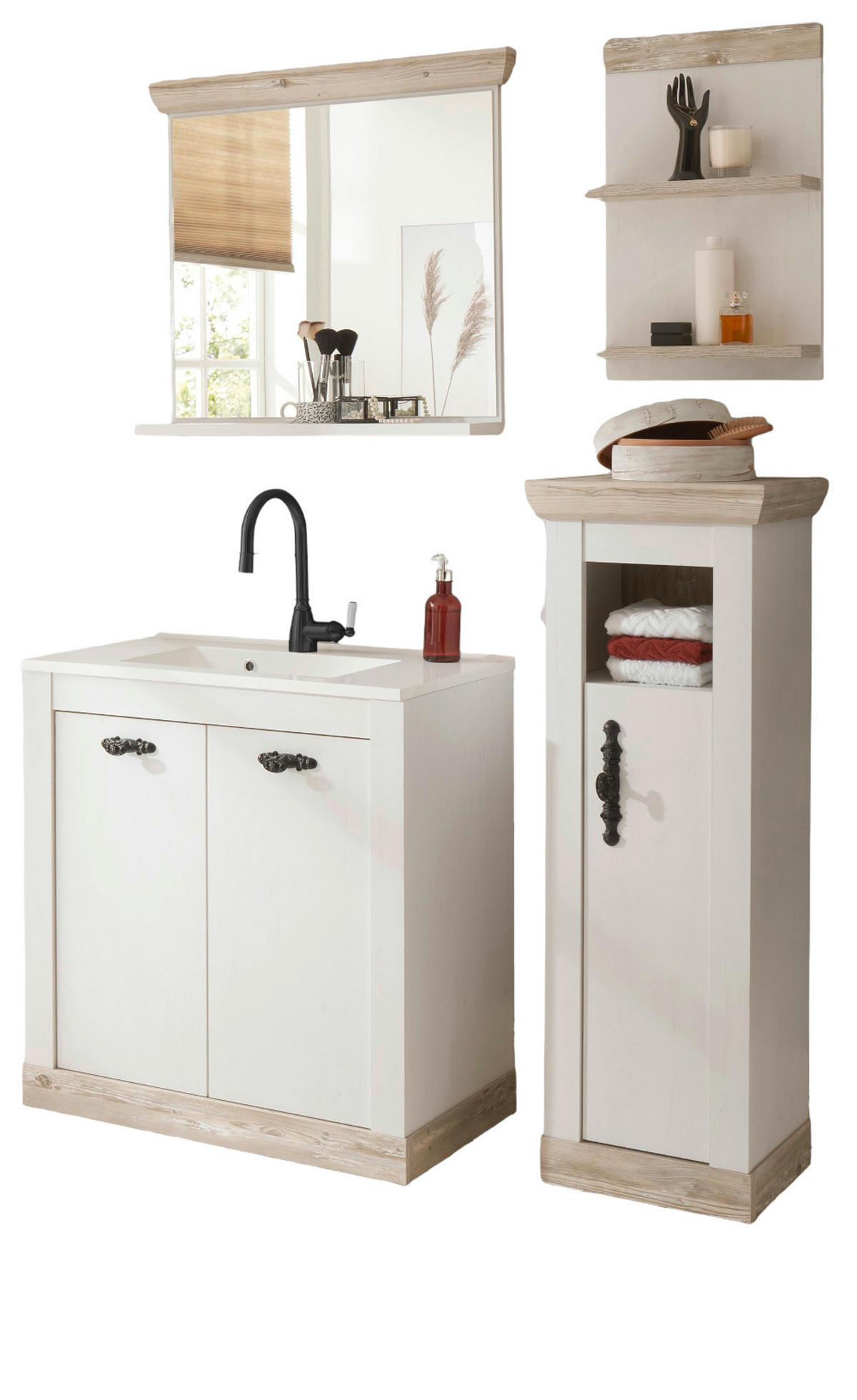 BADKOMBINATION Pinie weiß, Oslo Pinie, Landhaus Badmöbel Set 5-tlg. MIT Waschbecken 143 x 200 cm - Dunkelgrau/Weiß, Holzwerkstoff/Metall (143/200/46cm) - Furn.Design