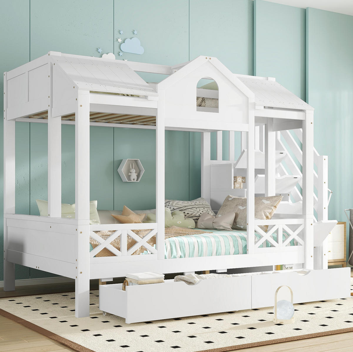 ETAGENBETT 90/200 & 140/200 cm Weiß mit Spielhaus-Design und Stauraum - Weiß, Holzwerkstoff (90/200cm) - Flora Grace