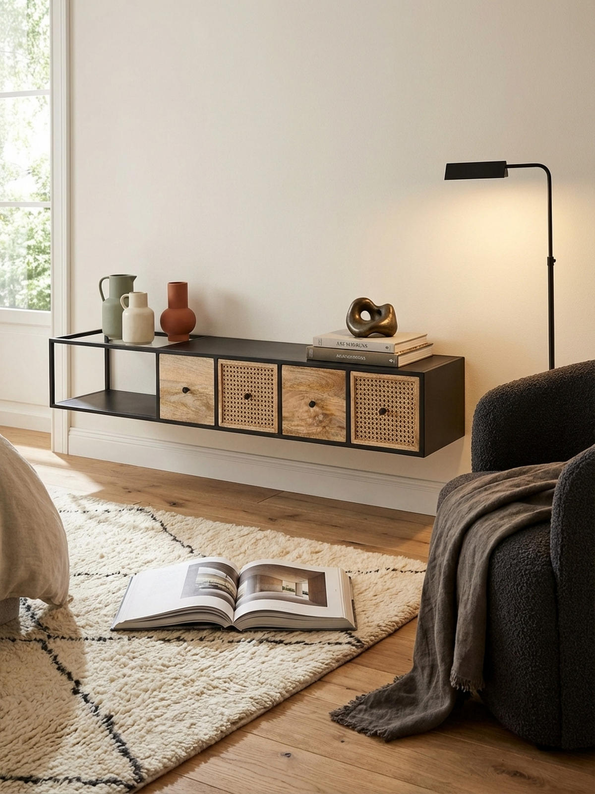 LOWBOARD Hängend Mango Massivholz Metall Modern Stil mit Schubladen und Rattan-Fronten - Schwarz, Holz/Metall (150/25/35cm) - KADIMA DESIGN