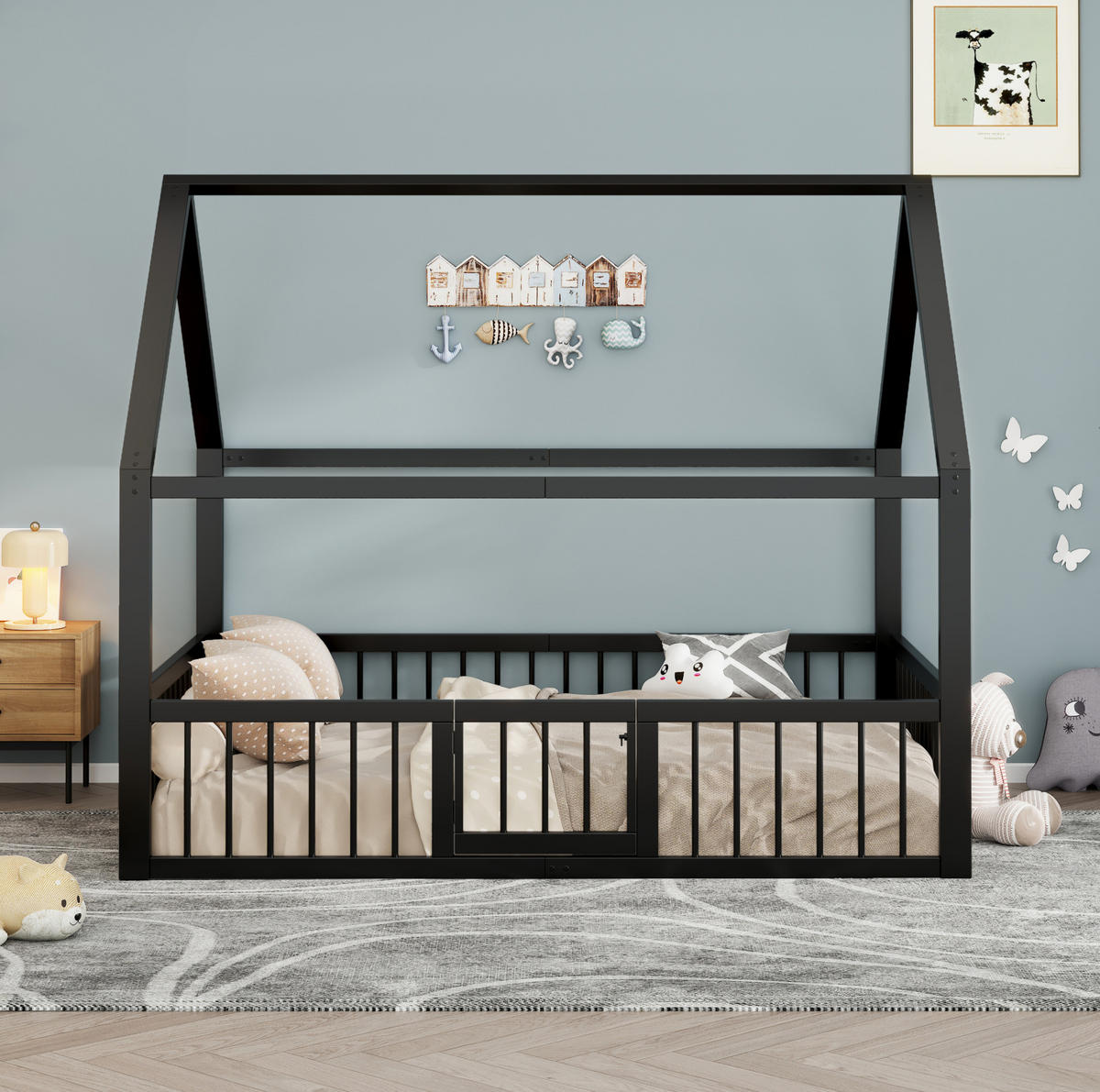 KINDERBETT 140/200 cm aus Metall mit Dachgestell, Sicherheitsgeländer und Tür, Schwarz - Schwarz, Metall (140/200cm) - Redom