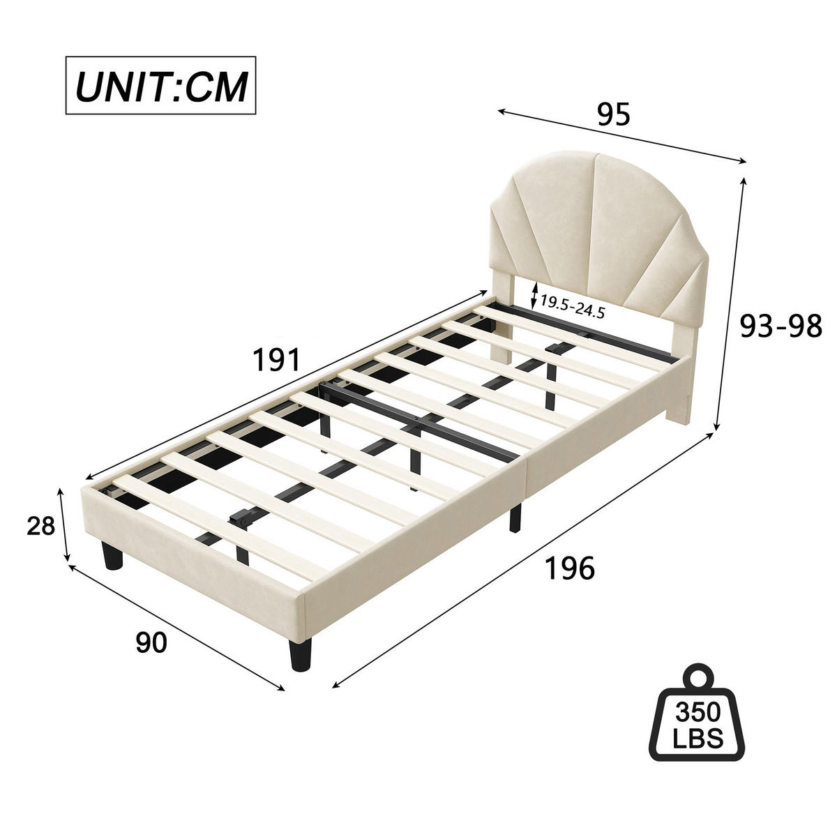 POLSTERBETT 90x200 cm Kinderbett, Einzelbett mit gepolstertem Muschel-Kopfteil, höhenverstellbar, Lattenrost, Beige - Beige, Metall (90/190cm) - EuroLiving