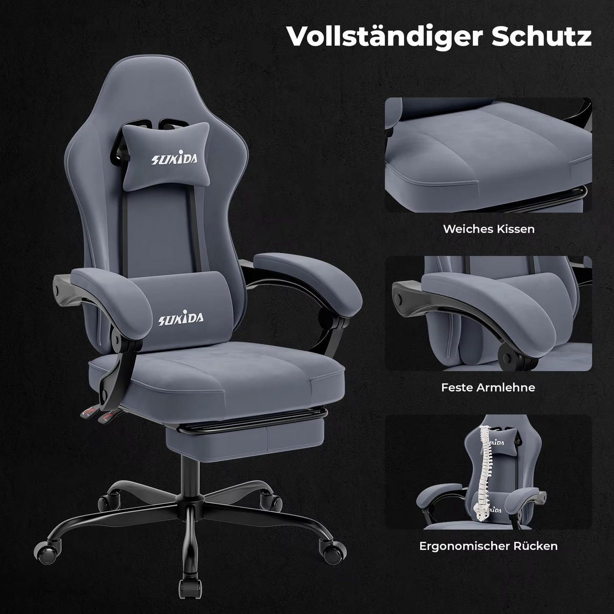 GAMINGSTUHL mit Fußstütze & Lendenkissen Ergonomisch Grau - Grau, Metall (62.2/180/48.3cm) - Kaket