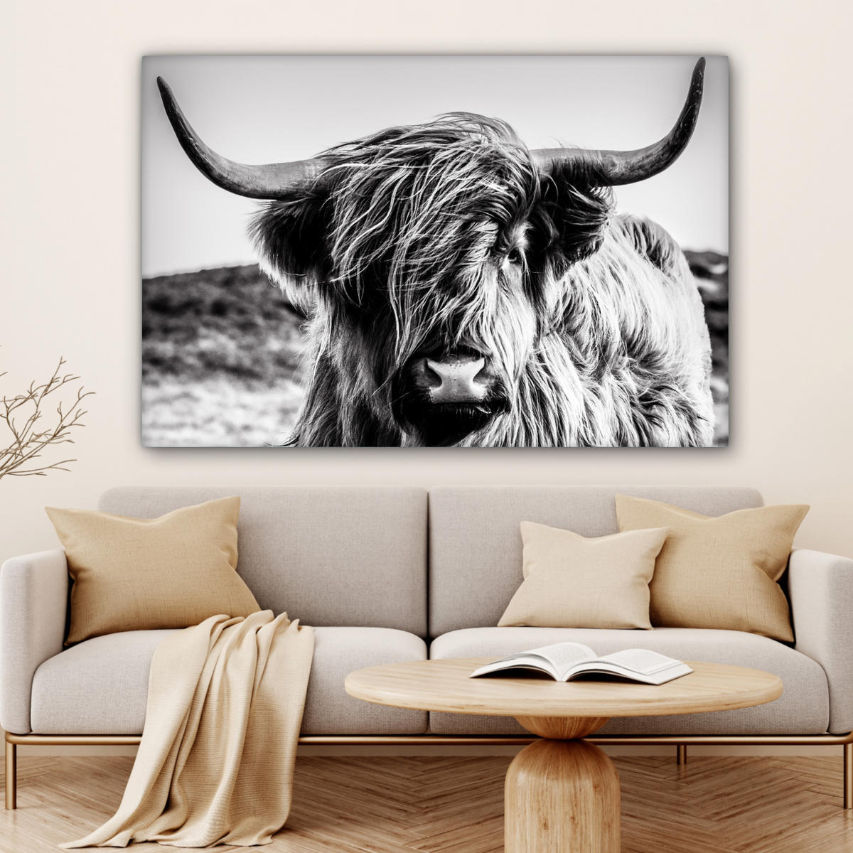 LEINWANDBILD Kuh - Schottischer Hochländer - Schwarz - Weiß - Tier - Natur - Wildtiere XXL 150x100 cm - Schwarz, Textil (150/100cm) - MuchoWow