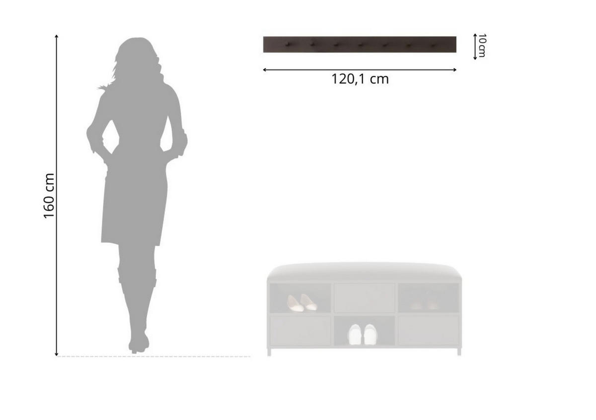 GARDEROBENLEISTE Skandica Riva mit 7 Haken, 120 cm, Schwarz - Schwarz, Holzwerkstoff (120.1/10/1.8cm) - Skandica