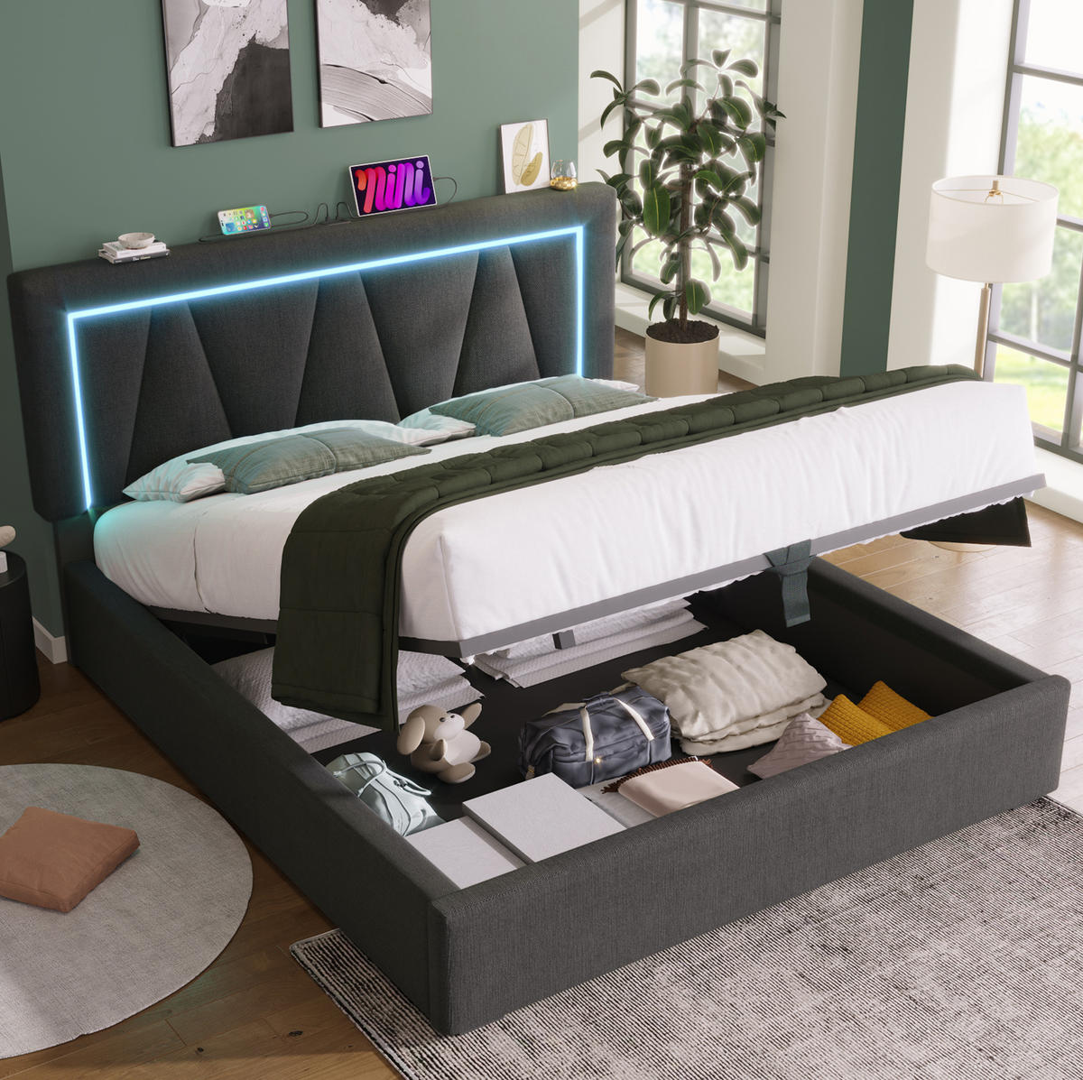 POLSTERBETT mit Stauraum USB und LED 140x200 cm Leinen Grau - Grau, Metall (140/200cm) - Meubliv