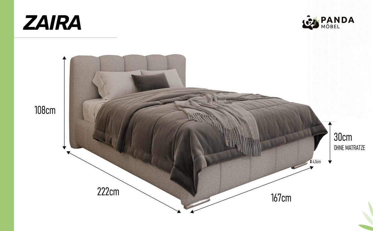 POLSTERBETT ZAIRA 140 x 200 cm mit Bettkasten und Lattenrost, 7-Zonen-Taschenfederkernmatratratze CIRA (24 cm) – Dunkelbeige - Sandfarben, Holz (100/206cm) - Panda Möbel