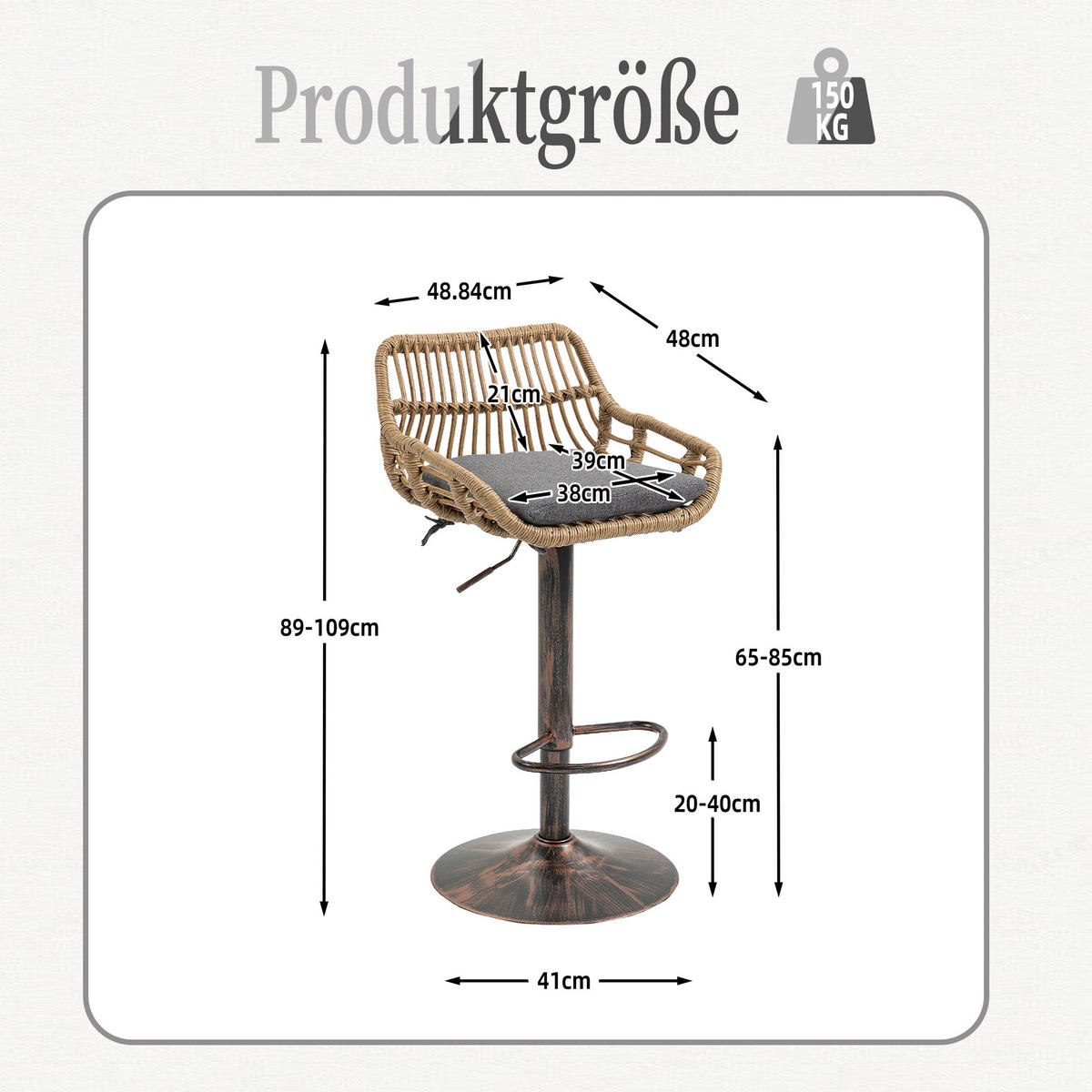 BARHOCKER,DREHSTUHL,RATTAN 360° drehbar, 2er-Set,Grau - Grau, Metall (38/109/39cm) - LVHOM