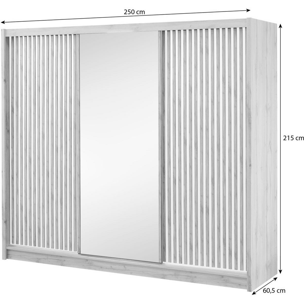 SCHWEBETÜRENSCHRANK Leroy mit Spiegel und Lamellen, 250 cm, Weiß+eiche Wotan - Eiche Wotan/Weiß, Holzwerkstoff (250/215/60.5cm) - Beautysofa