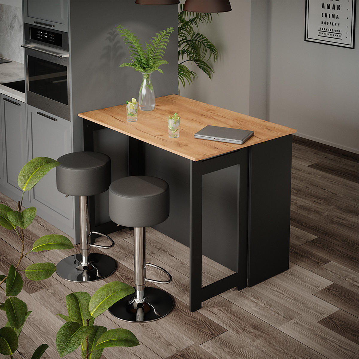 BARTISCH-SET Dominic Goldkraft Eiche/Anthrazit 116 x 37 cm mit 2 Barhockern - Honigeiche/Anthrazit, Holzwerkstoff (116/90.5/37cm) - Vicco