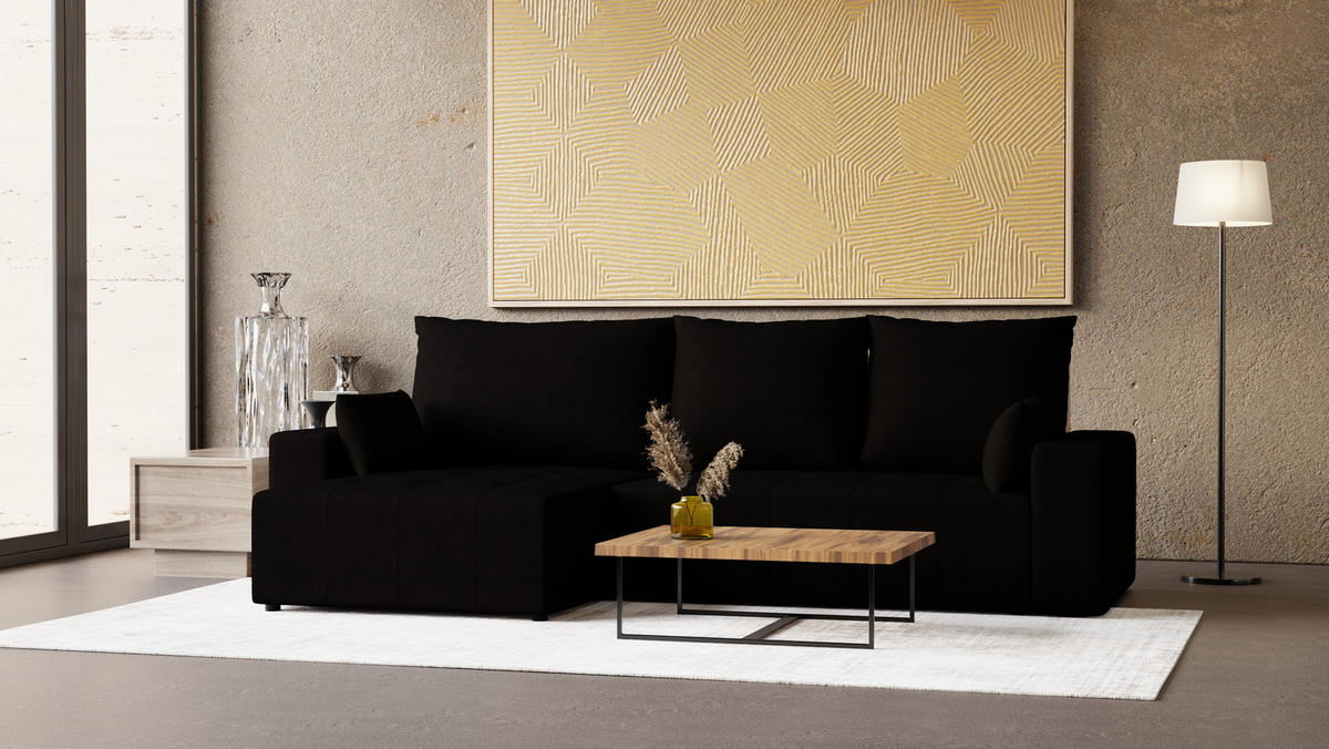 ECKSOFA Tico mit Bettkasten und Schlaffunktion, L-Form/XL-Form, Velourstoff, Universal - Schwarz, Holzwerkstoff (276/145cm) - 4ALL HOME