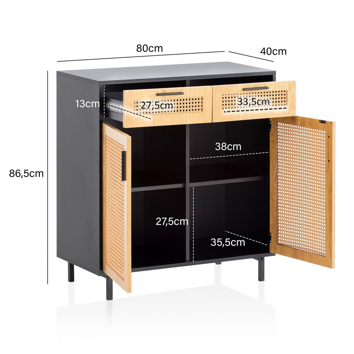 SIDEBOARD – Schwarz, 80x86,5x40 cm, mit Wiener Geflecht, 2 Türen, Schubladen, hoch - Schwarz, Holzwerkstoff/Metall (80/87/40cm) - KADIMA DESIGN