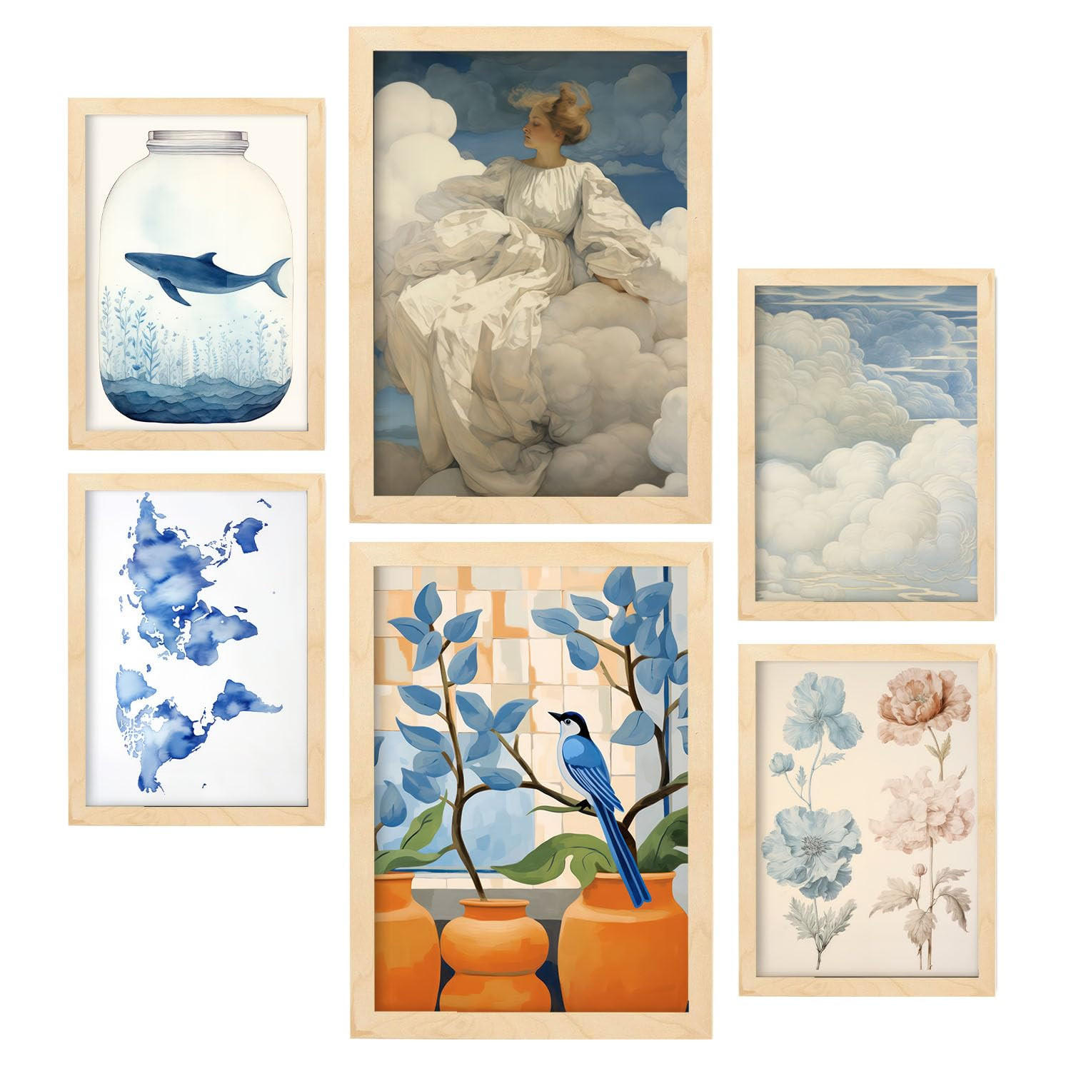 POSTER Set Mit 6 Blaue Wolken A3 & A4 Rahmen Aus Hellem Holz - Beige, Papier (29/3cm) - Nacnic