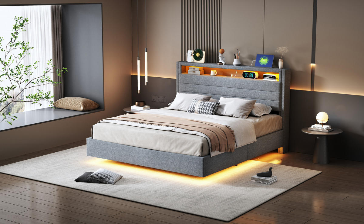 POLSTERBETT 140x200 cm LED USB Stauraum grau - Grau, Textil (140/200cm) - LEBENLANG