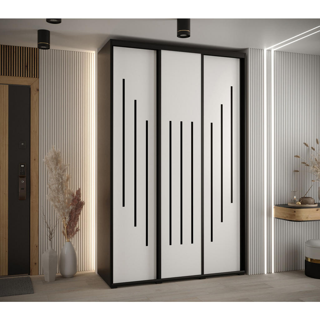 Thumbnail - Abiks Möbel Schwebetürenschrank, Schwarz, Weiß, Schwarz, Metall, Nachbildung, 6 Fächer, 150x235x60 cm, Schlafzimmer, Kle...