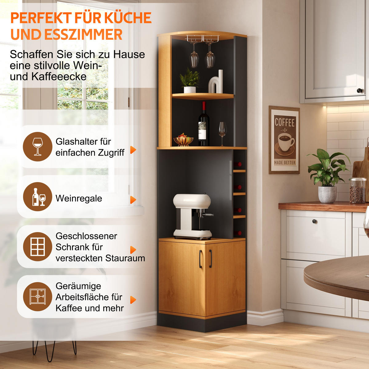 HIGHBOARD DE-38705 40/40/182 cm Weinglasregal und 4 Weinfächer Schwarz - Schwarz, Holzwerkstoff (40/182/40cm) - ComfortXL