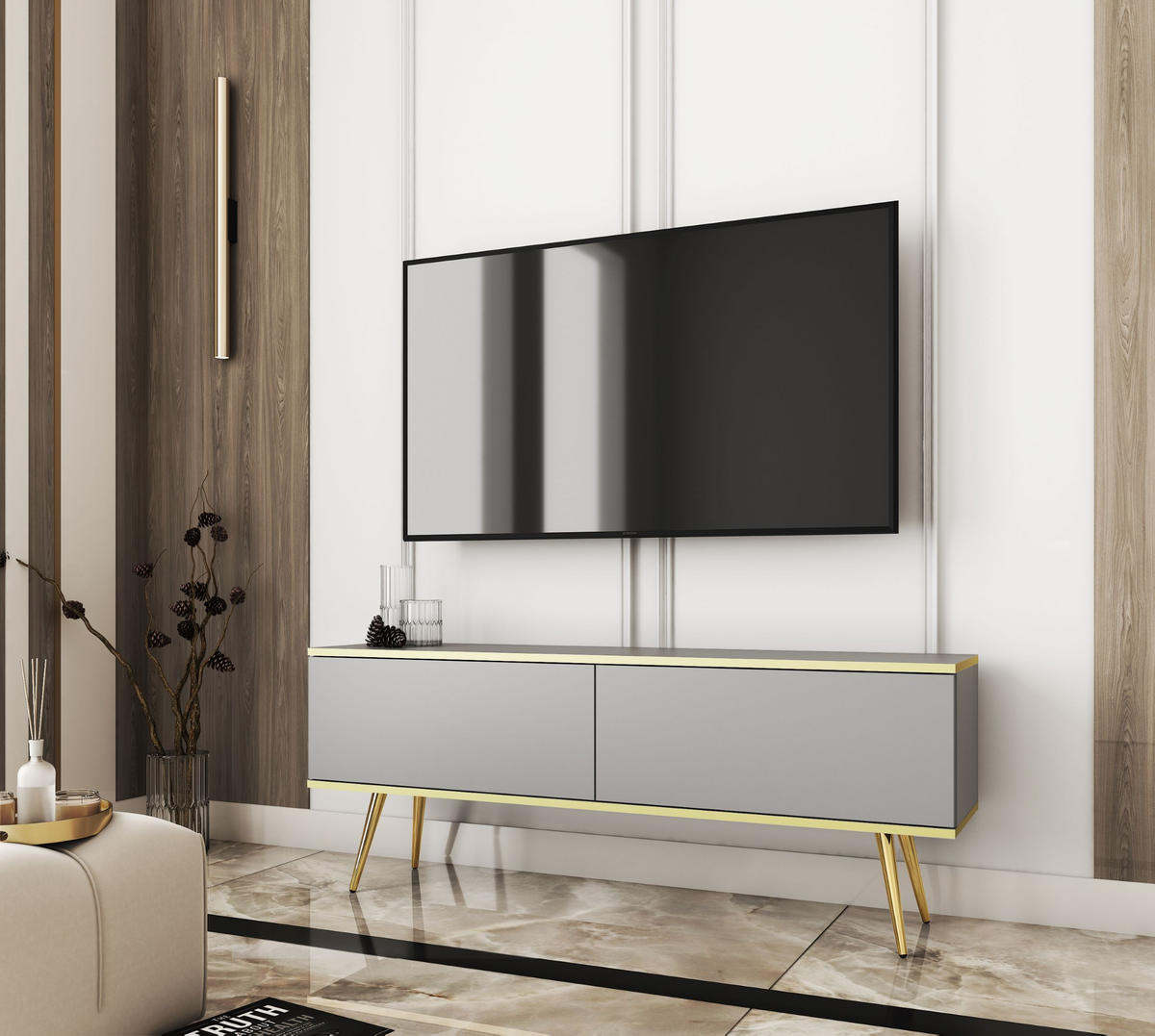 TV-SCHRANK Oris Grau matt mit goldenen Beinen Glamour 135 cm - Goldfarben/Grau, Holzwerkstoff/Metall (135/53/32cm) - Meble Lindner