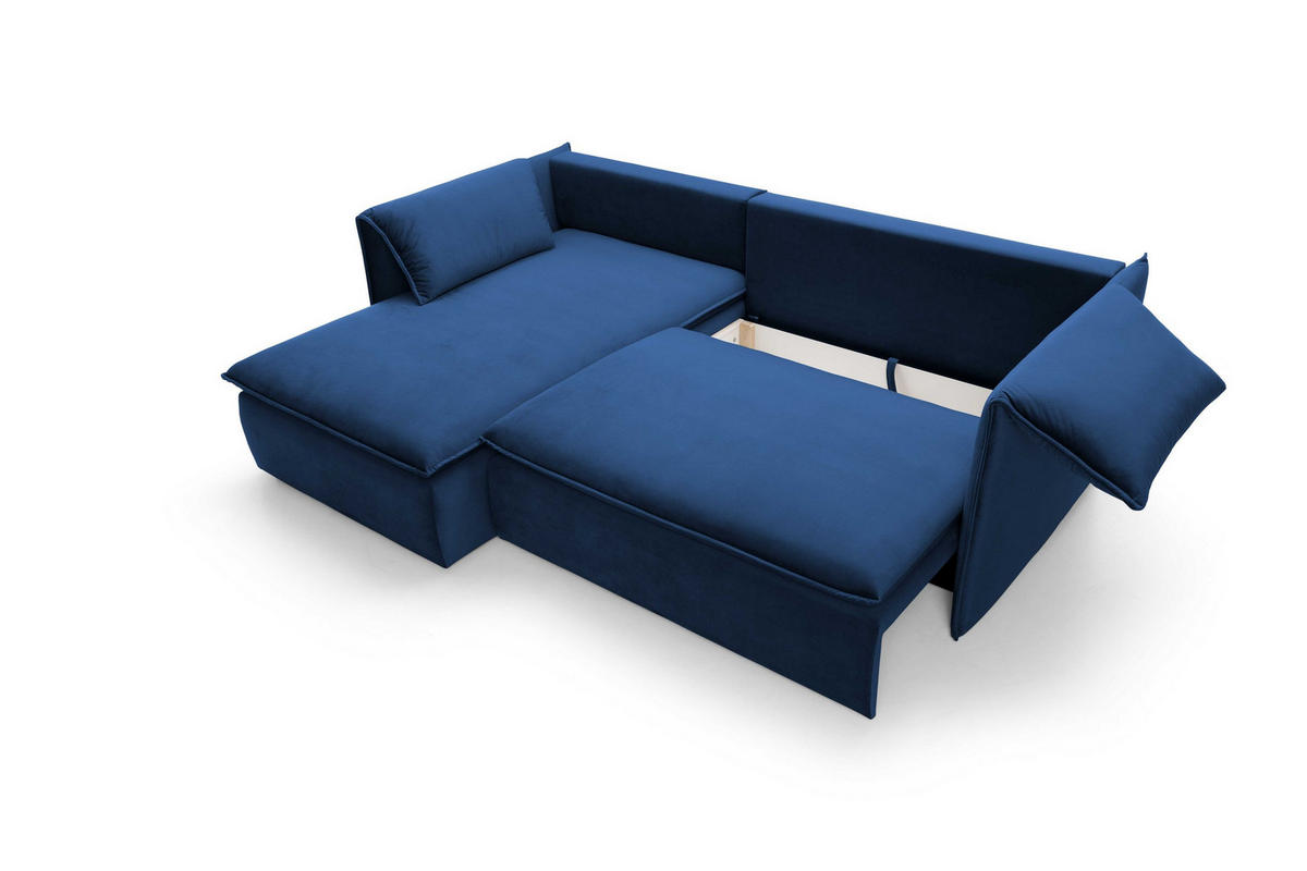 ECKSOFA PREGIO Blau Plüsch-Stoff mit Schlaffunktion - Blau, Holz (230/166cm) - MASSENO
