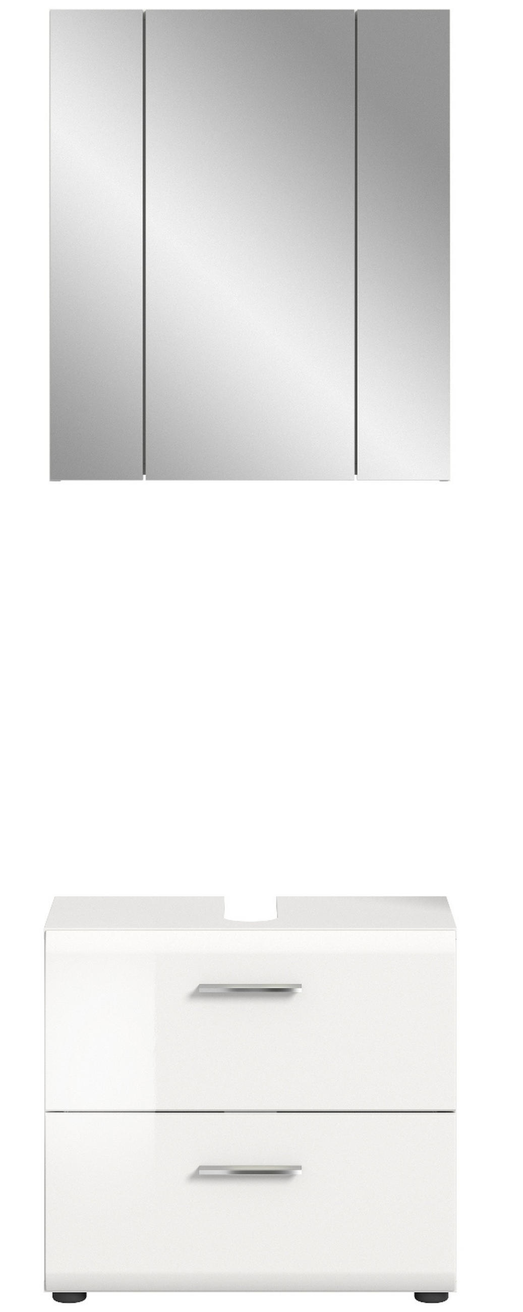 BADMÖBEL-SET weiß Hochglanz, Badkombination 2-teilig 60 cm - Weiß Hochglanz/Silberfarben, Glas/Holzwerkstoff (60/185/30cm) - Inn.Furn