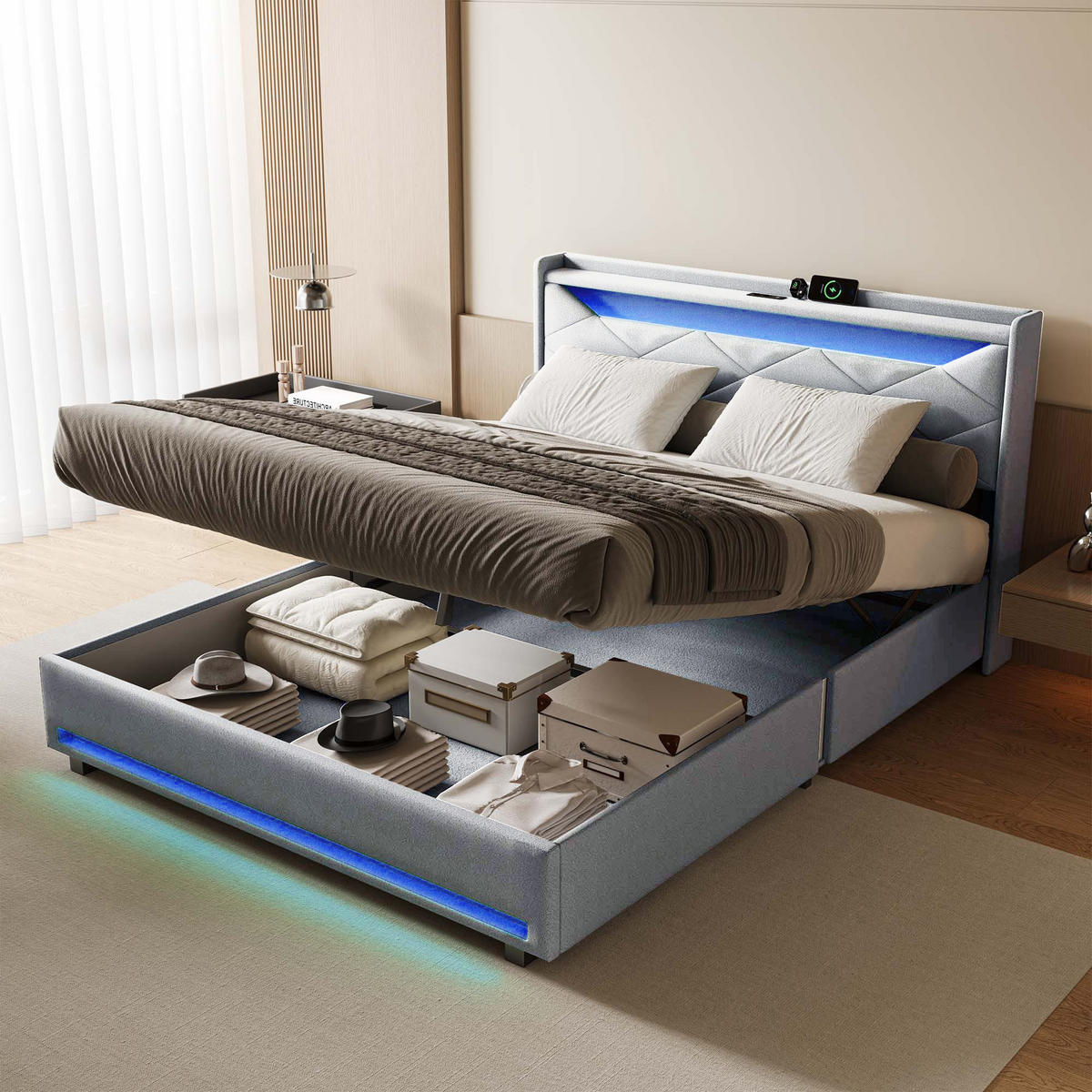 POLSTERBETT 140x200 cm LED Stauraum Lattenrost gepolstert grau - Grau, Holz (140/200cm) - LEBENLANG