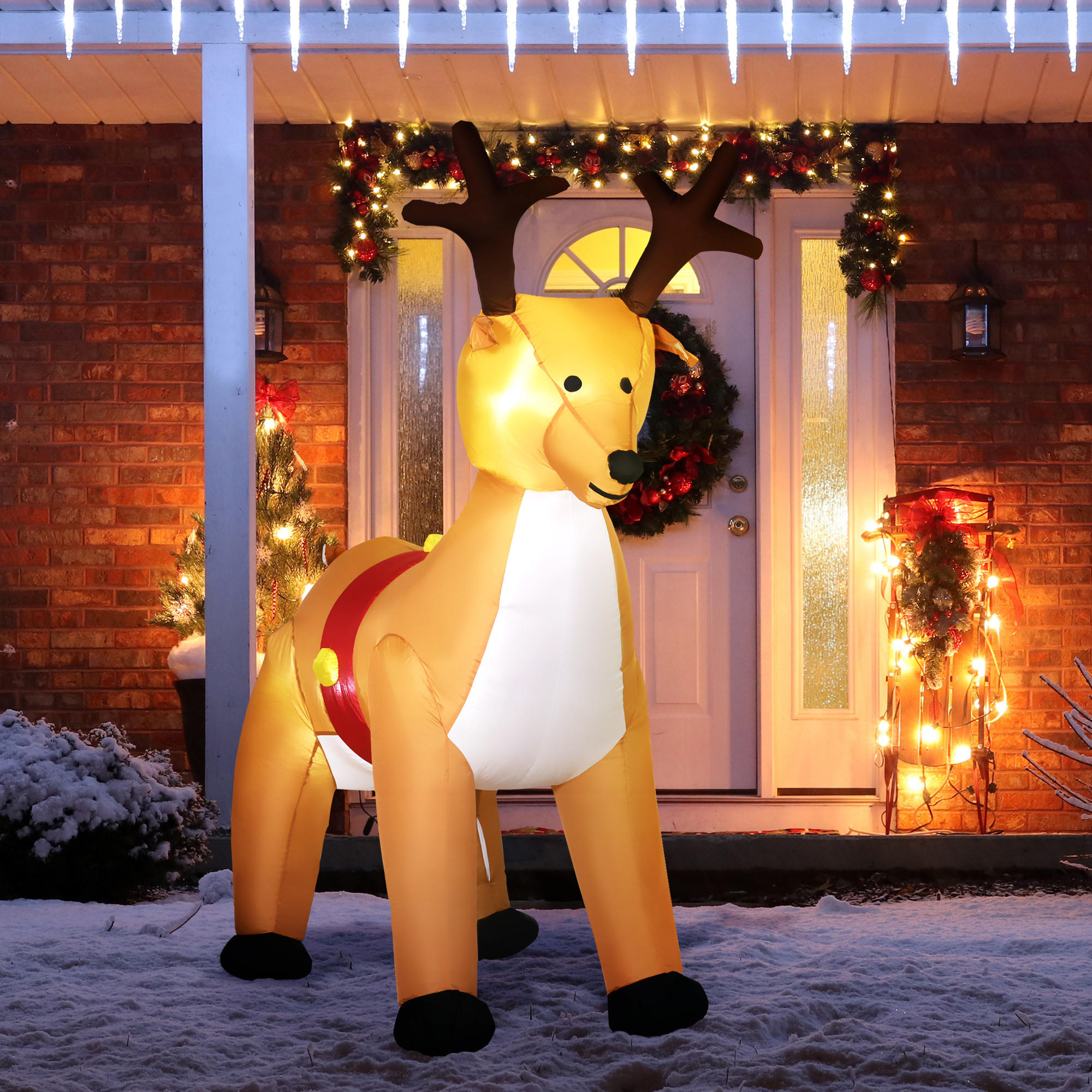 AUFBLASBARES Weihnachts-Rentier 180 cm aufblasbare Weihnachtsdeko mit LED - Gelb, Textil (80/180/155cm) - HOMCOM