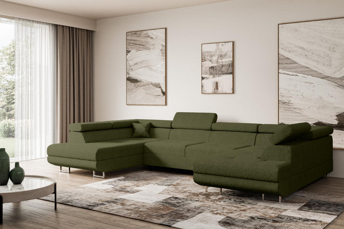 WOHNLANDSCHAFT mit Schlaffunktion und Bettkasten GUSA-U 342x202x107 cm Grün Bouclé - Silberfarben/Grün, Holzwerkstoff/Textil (342/107/202cm) - ALTDECOR