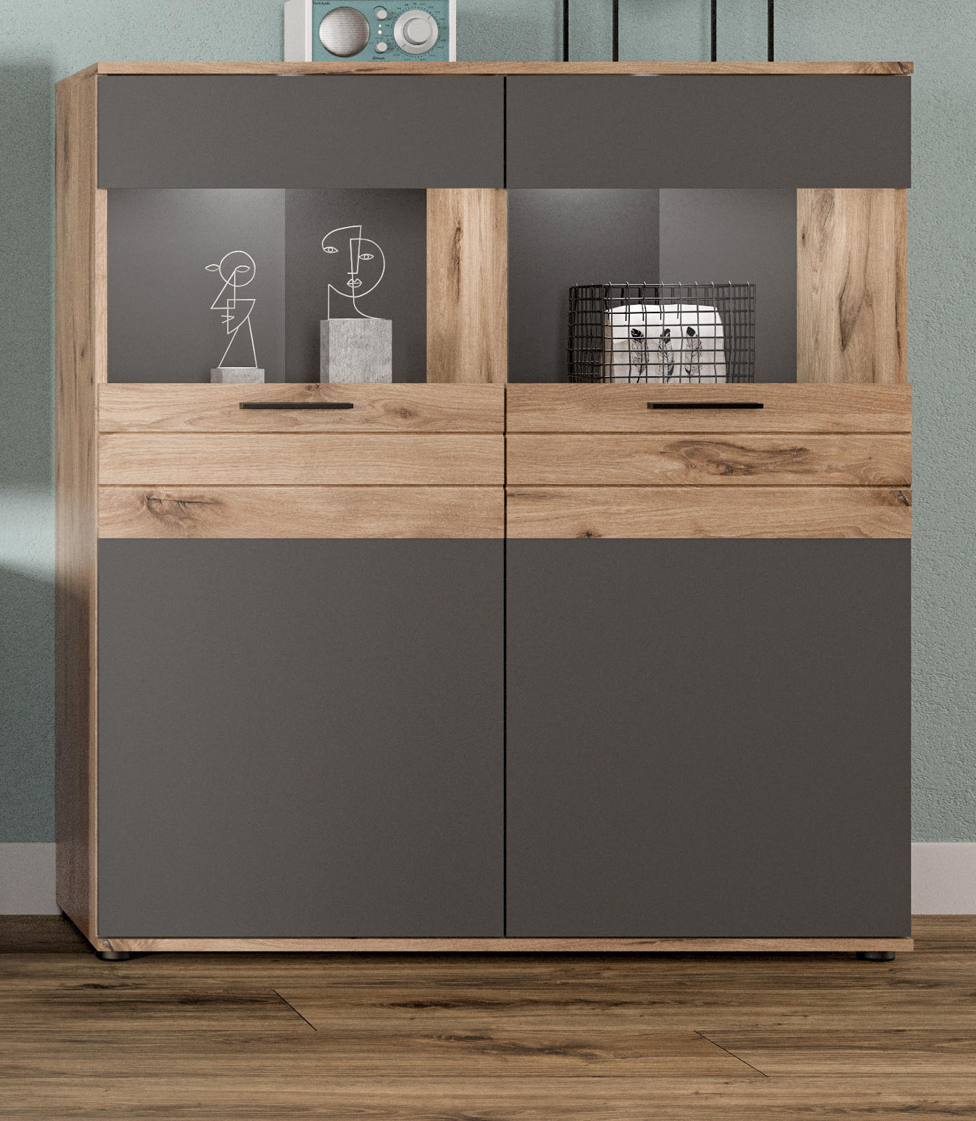 HIGHBOARD Eiche, grau 110/122 cm mit Soft-Close, Wohn- und Esszimmermöbel - Eichefarben/Schwarz, Glas/Holzwerkstoff (110/122/37cm) - Inn.Furn