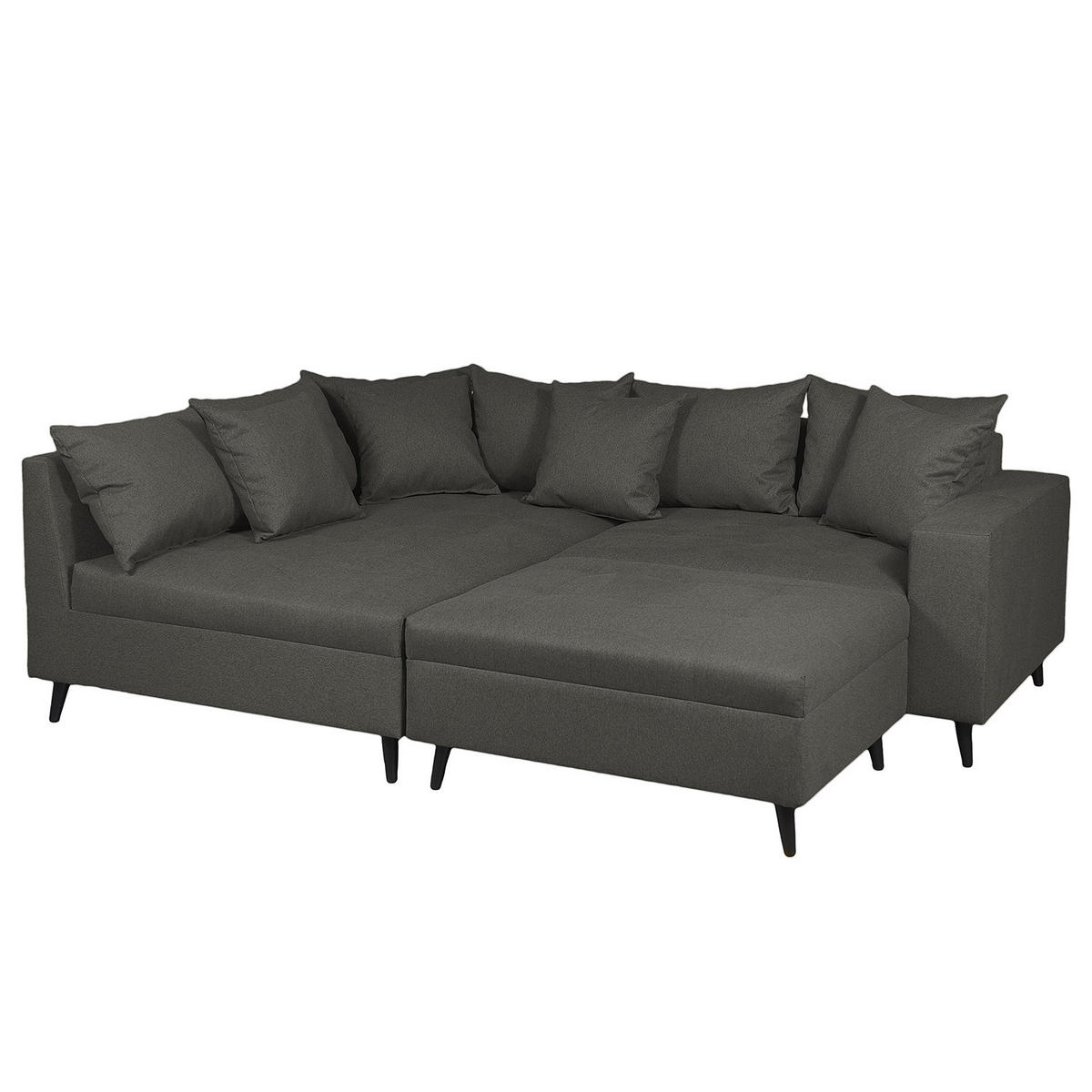 ECKSOFA mit Ottomane und Hocker - Schwarz/Grau, Birkenholz/Textil (247/174cm) - home24