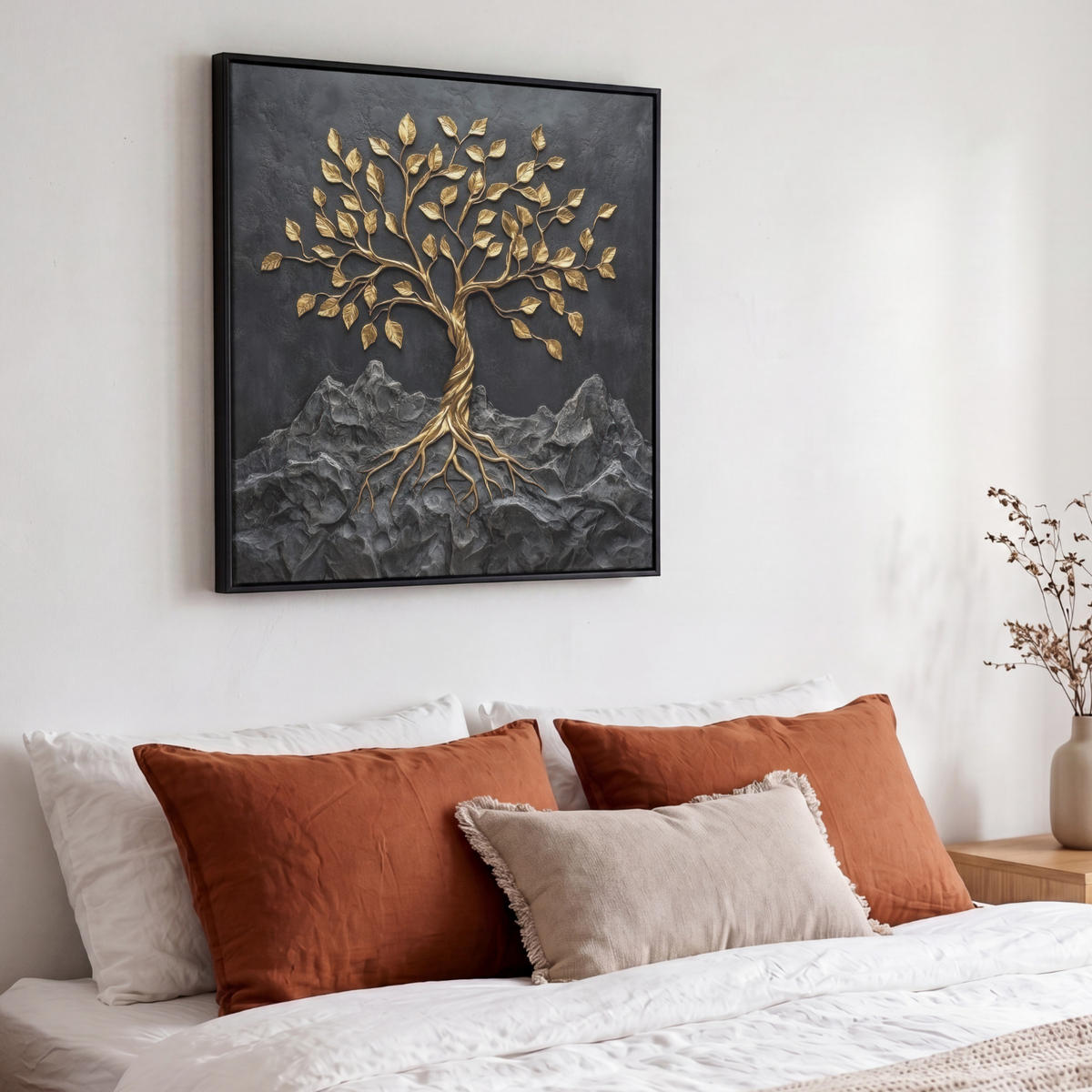 LEINWAND Bilder mit Rahmen - Blätter - Gold - Baum - Fels - 50x50 - Schwarz, Textil (50/50cm) - MuchoWow