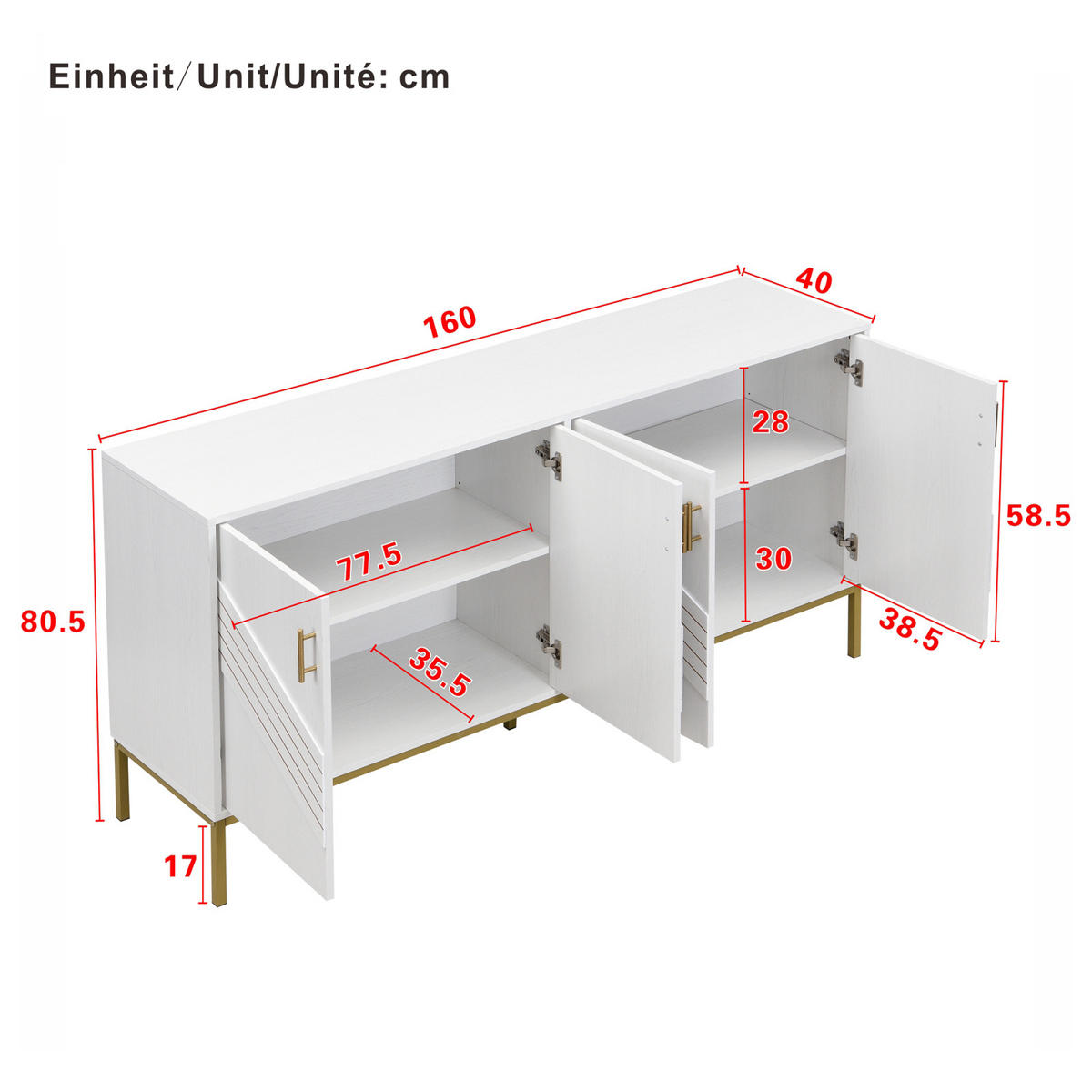 SIDEBOARD Weiß-Gold, 4 Türen, MDF, für Wohnraum - Weiß, Holz (160/80/40cm)