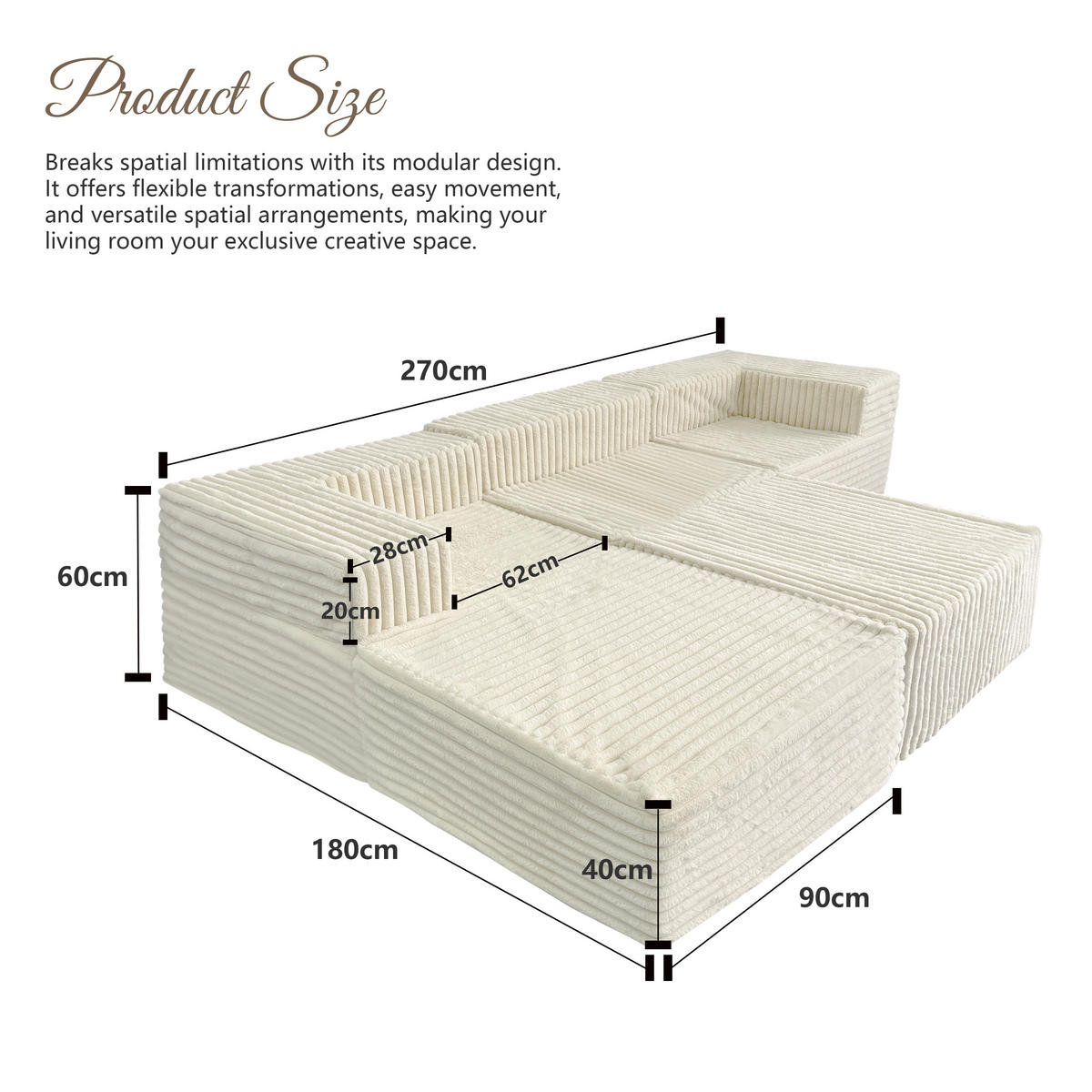 MODULARSOFA mit Cord-Optik 270×180 cm - Beige, Textil (270/60/180cm) - Vercart