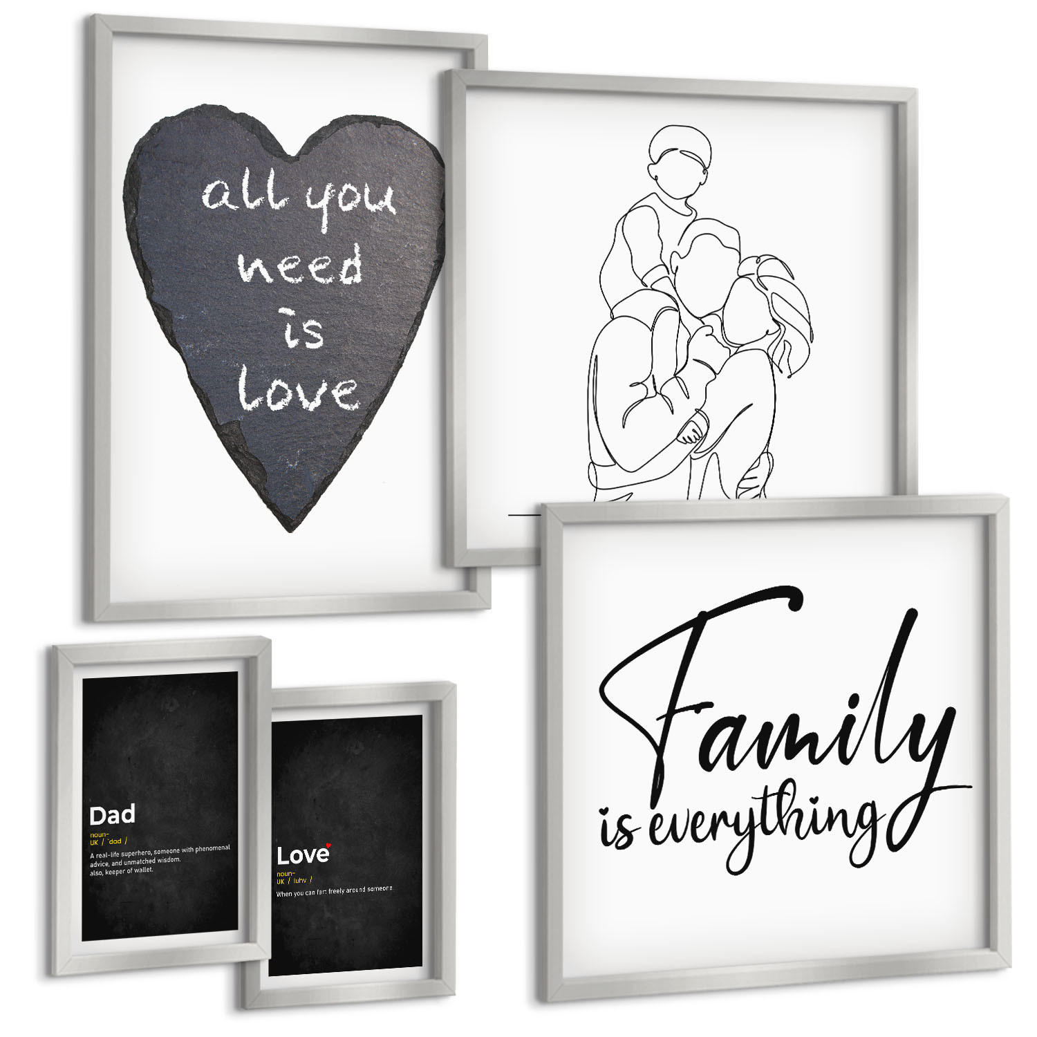 BILDER SET 5er Set - 50x50 cm & 20x30 cm & 40x60 cm Silberner Rahmen - Definitionen der Liebe in Familienzeichnungen - Silberfarben, Kunststoff (40/60cm) - TULUP