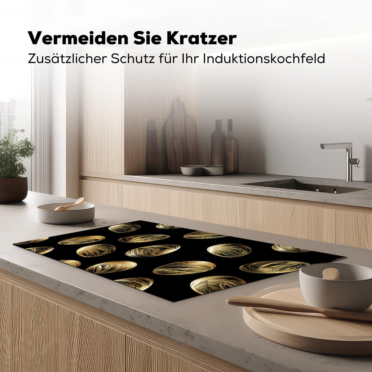 HERDABDECKPLATTE Eier - Gold - Muster Induktionsmatte 83x51 cm - Schwarz, Kunststoff (83/51.5/0.2cm) - MuchoWow