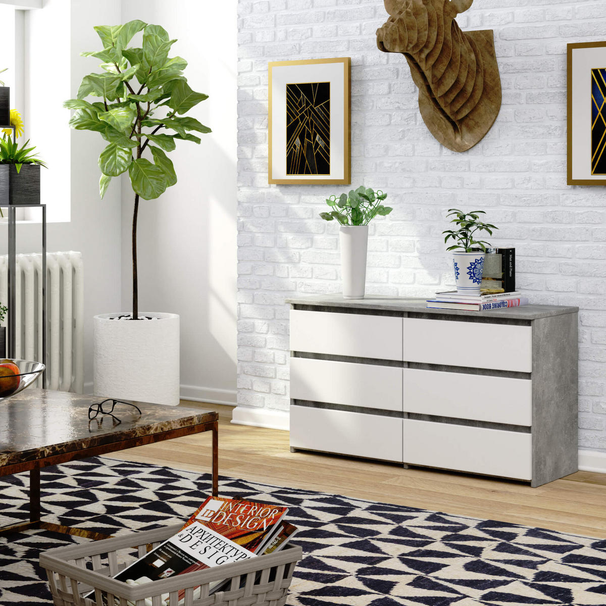 KOMMODE Steingrau, Weiß 35x100x57 cm - Weiß/Grau, Holzwerkstoff (100/57/35cm) - Akord