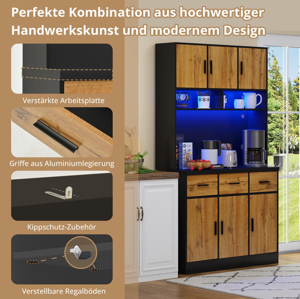 BUFFET 100/180/40 cm Schwarz/Natur aus MDF mit LED-Beleuchtung - Schwarz, Holzwerkstoff (40/180/100cm) - OKMYHOME