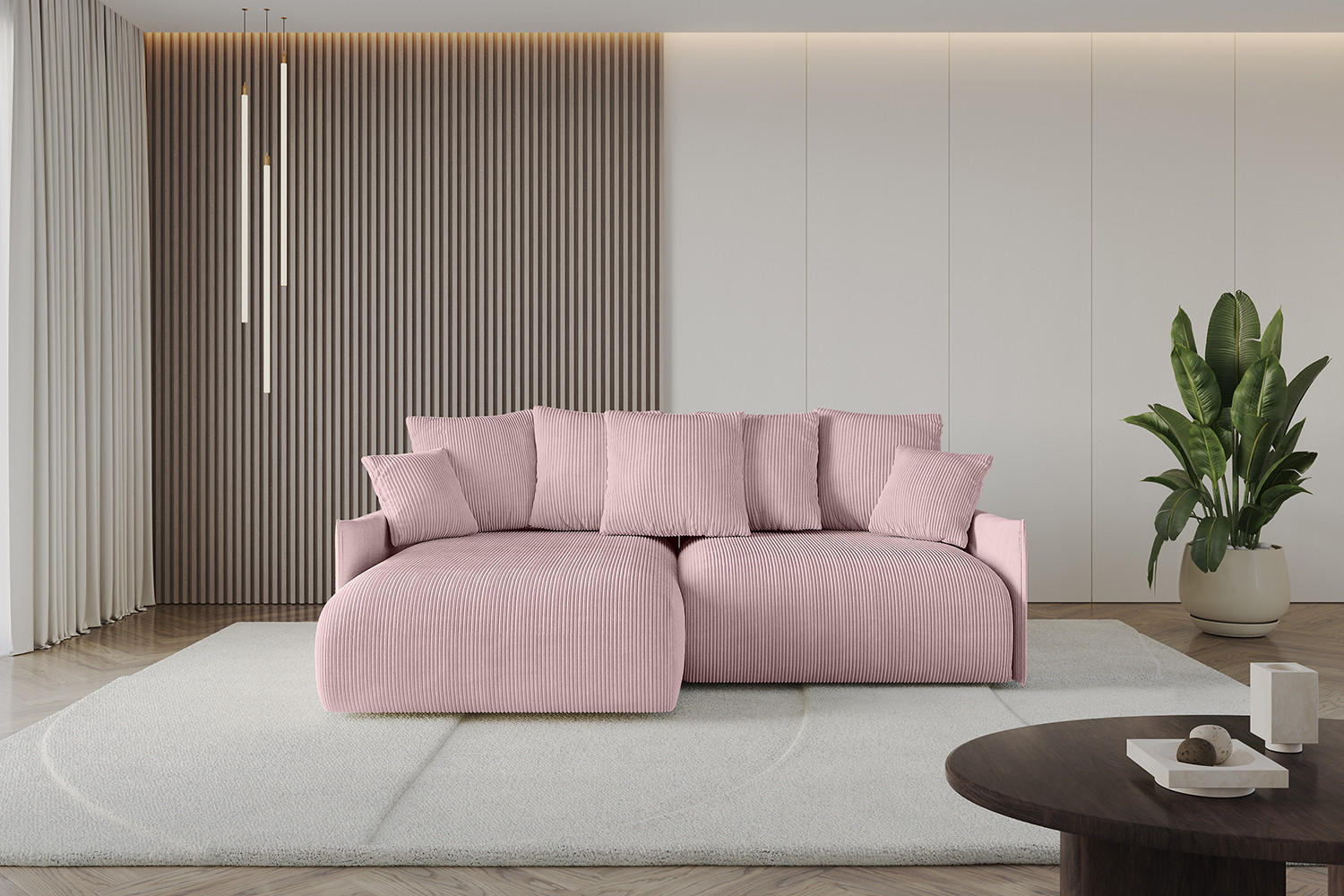 ECKSOFA mit Schlaffunktion und Bettkasten ONESK-L -v1 208x165x40 Rosa Cord - Rosa, Holzwerkstoff/Kunststoff (208/165cm) - ALTDECOR