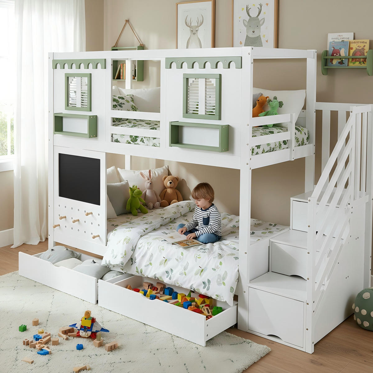 POSCHODOVÁ posteľ 90/200 cm bielo-zelená z masívu a MDF s úložnými schodmi a 2 zásuvkami - biela, drevo (90/200cm) - OKWISH