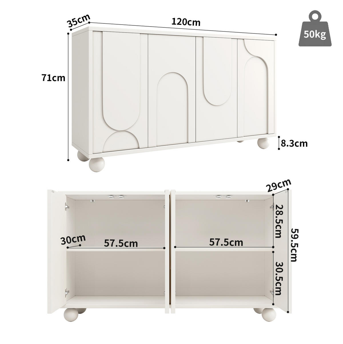 PŘÍBORNÍK z MDF 120x35x71 cm bílý s krémovými dvířky, nastavitelnou policí a ochranou proti převrácení - bílá, kompozitní dřevo (120/71/35cm) - Modfu