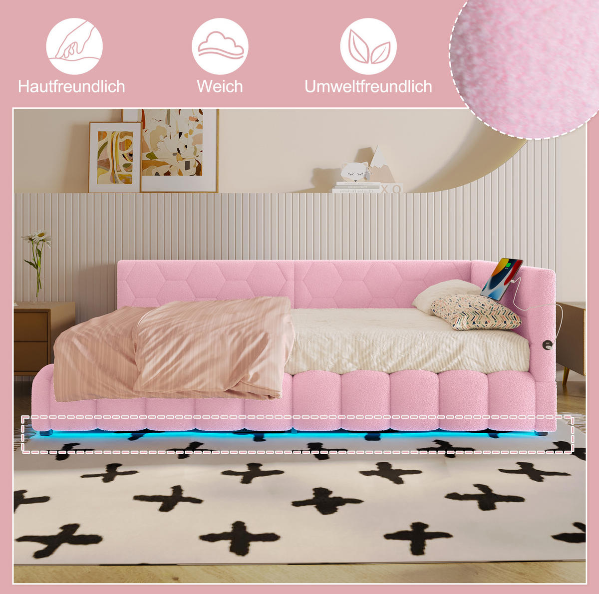 POLSTERBETT mit LED-Beleuchtung 90/200 cm in Rosa mit Bettkasten & USB-C - Rosa, Textil (90/200cm) - BEAOK