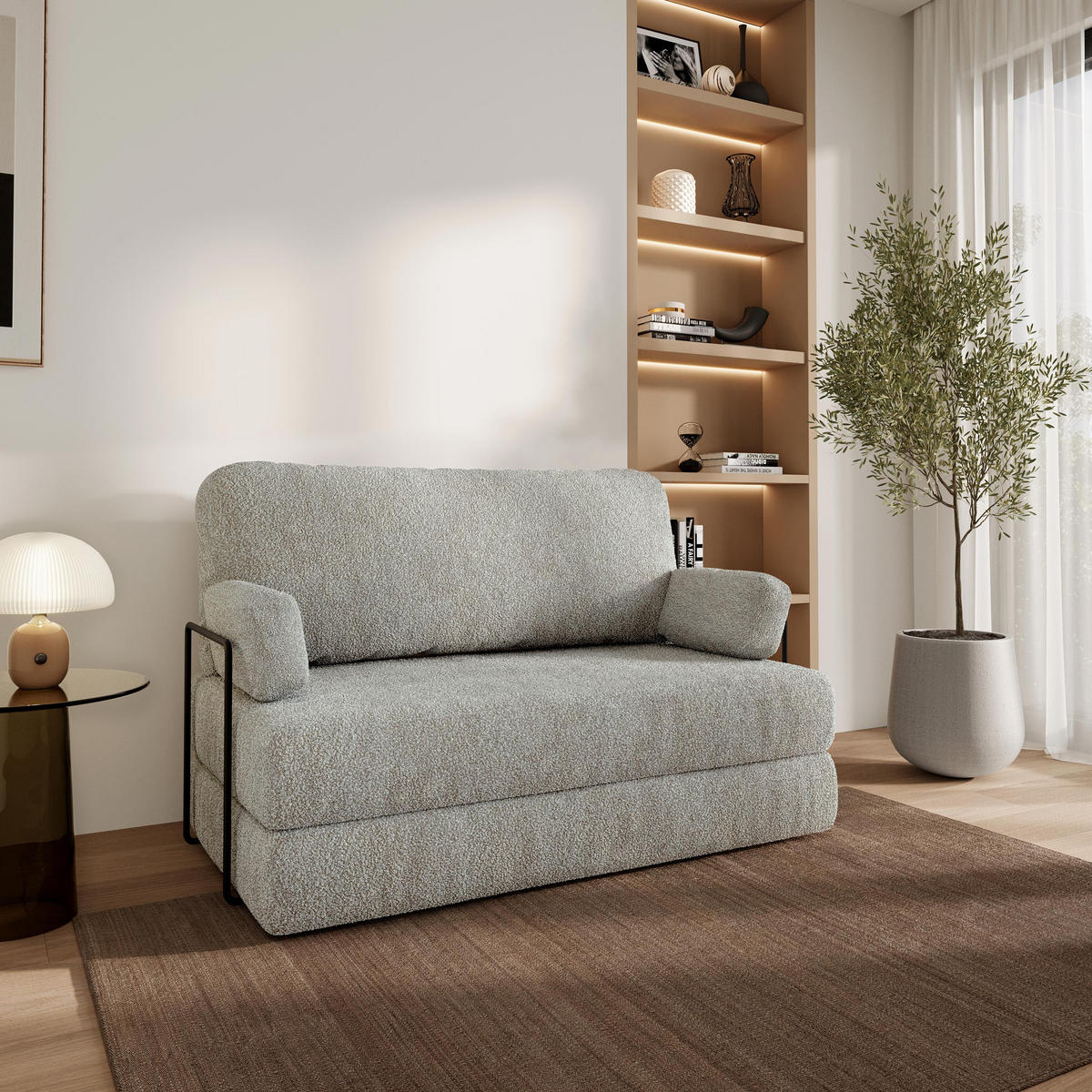 BETTSOFA KESTE aus Schaumstoff Bucle-Stoff Hellgrau Schlaffunktion - Hellgrau, Textil (140/86/60cm) - MASSENO