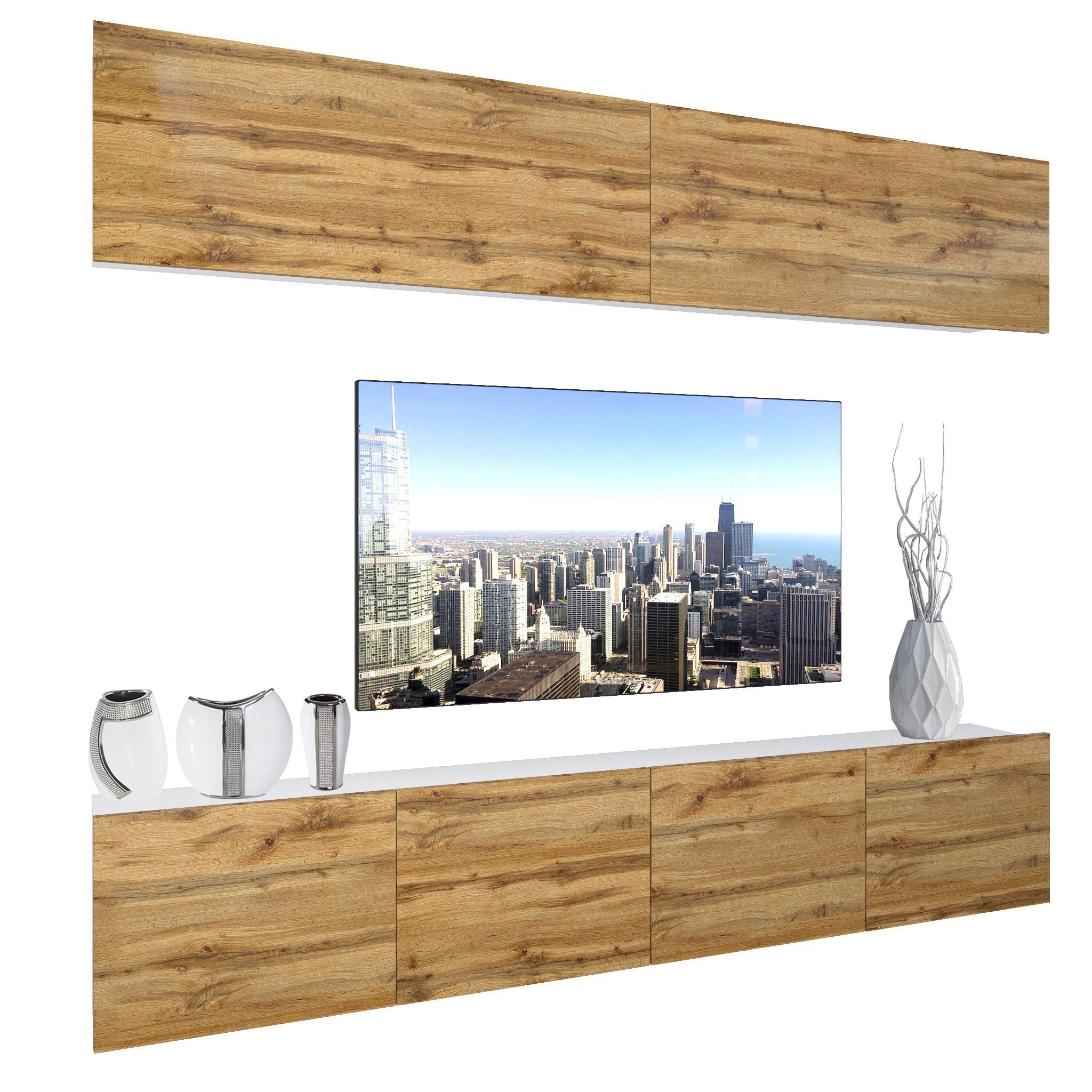 WOHNZIMMERWAND Schrankwand mit LED Wotan-Eiche - Braun, Holz (200/180/36cm) - B BELINI GROUP