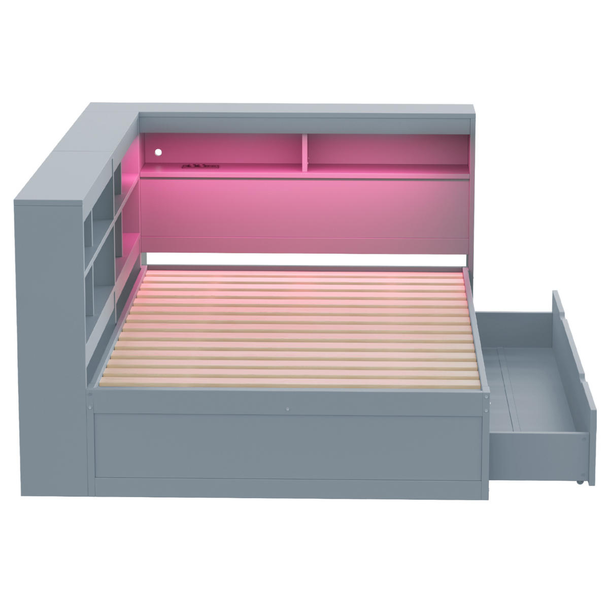 RAHMENBETT 140/200 cm in Grau mit Stauraum, LED-Beleuchtung und USB - Grau, Holz (140/200cm) - Flora Grace