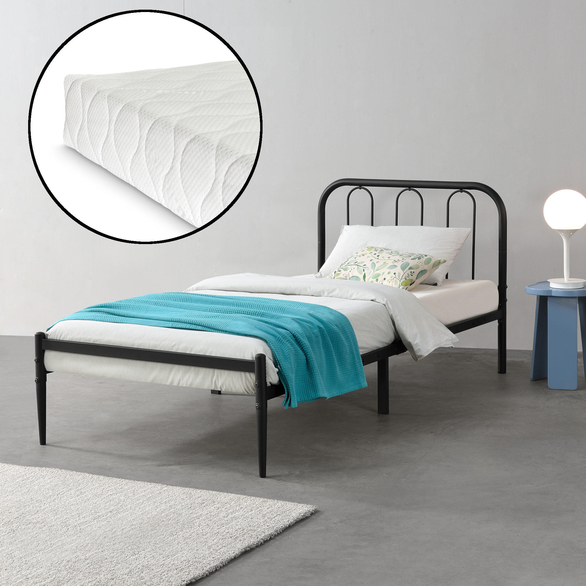 METALLBETT Hanko mit Matratze - Schwarz, Textil/Metall (90/200cm) - [en.casa]