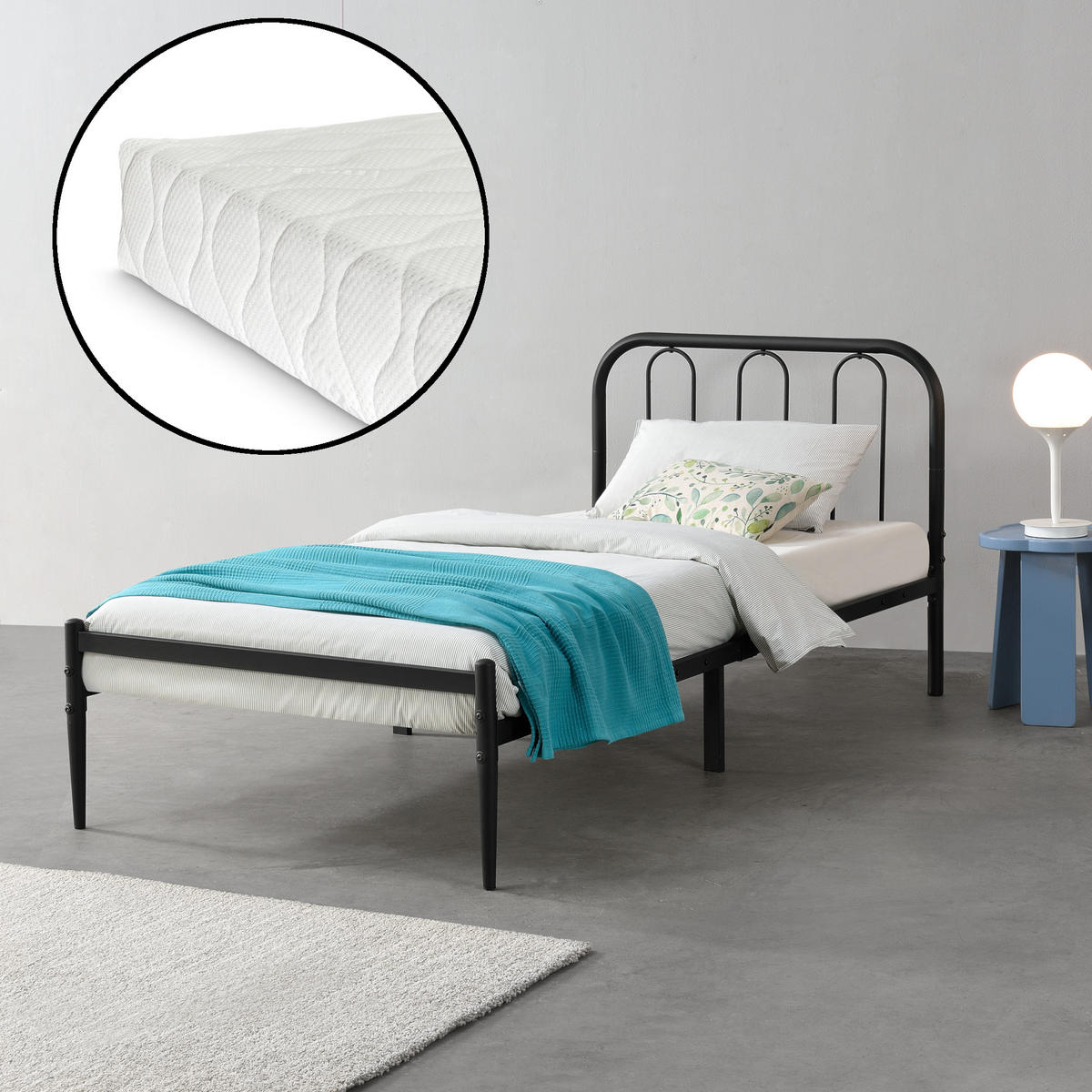 METALLBETT Hanko mit Matratze - Schwarz, Textil/Metall (90/200cm) - [en.casa]