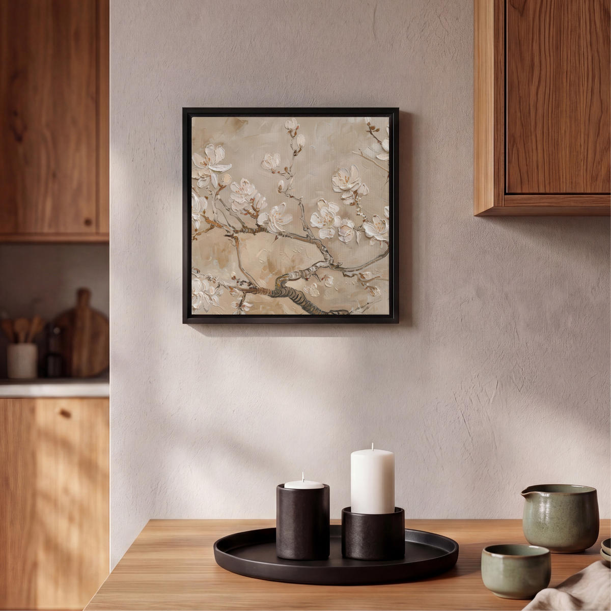 LEINWAND Bilder mit Rahmen - Blumen - Modern - Beige - Weiß - Blüte - 20x20 - Beige, Textil (20/20cm) - MuchoWow