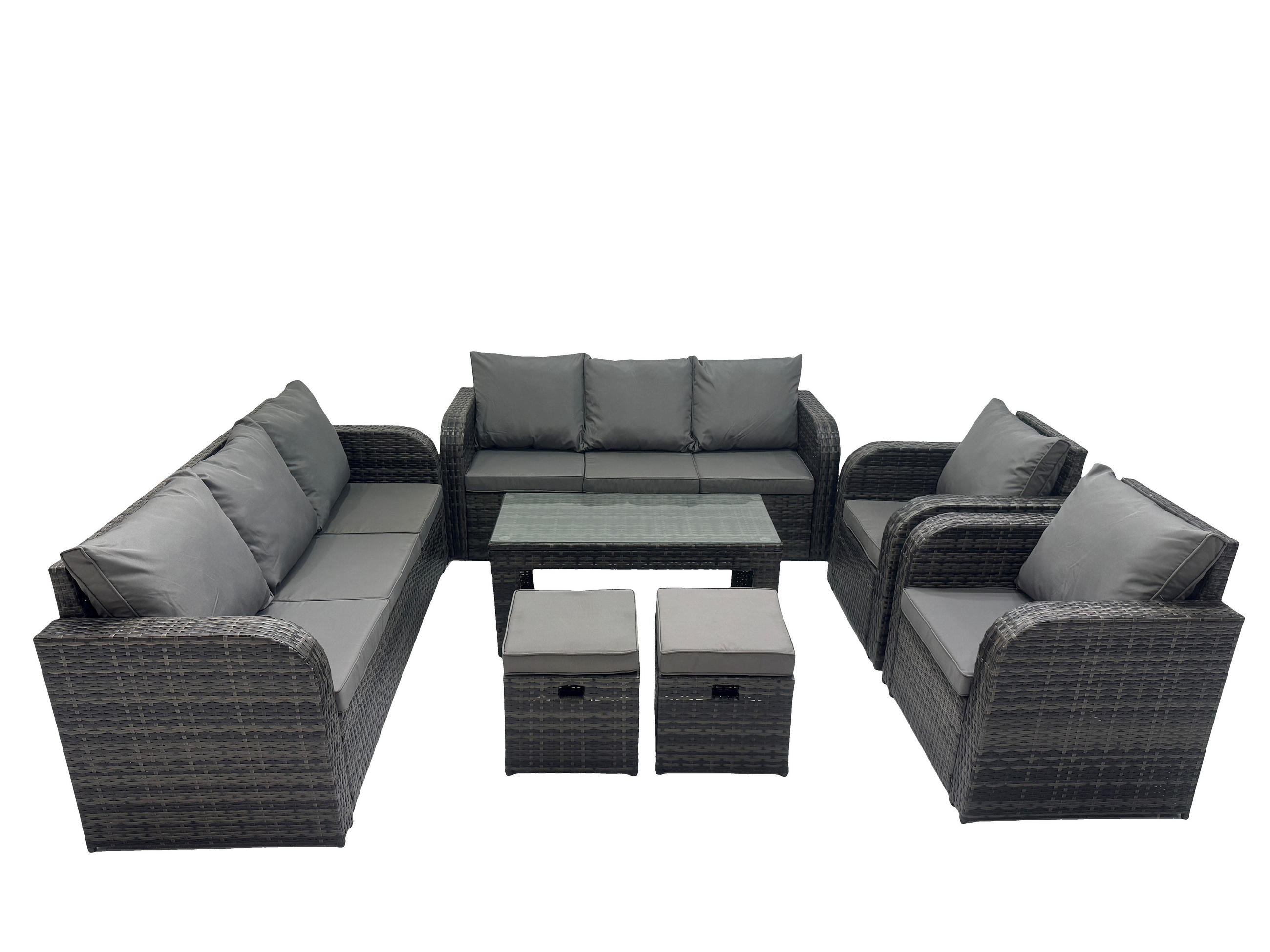 GARTENMÖBEL SET mit Sofa Polyrattan 10-Sitzer Dunkelgrau - Dunkelgrau/Grau, Glas/Kunststoff - Fimous